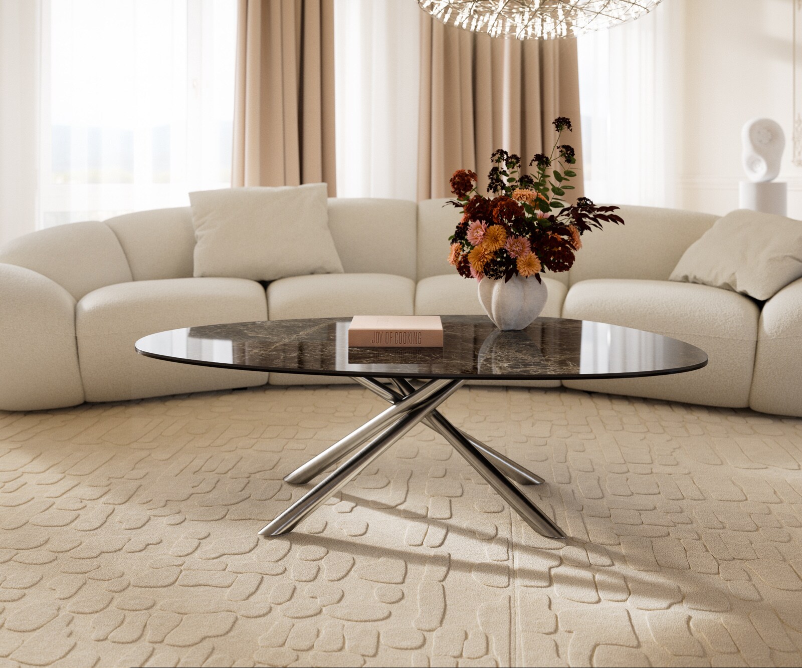 Table basse Edge ovale 140x75 cm céramique Emperador Extra Lucidato brun foncé Sarity acier inoxydable brossé 2