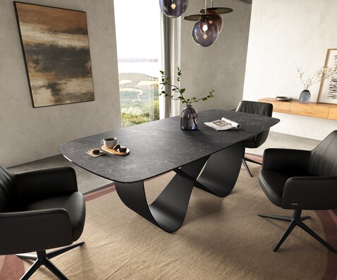 Esstisch Edge Boot 180-220x100 cm Keramik Laminam® Nero Greco Anthrazit Infinity Metall Schwarz ausziehbar
