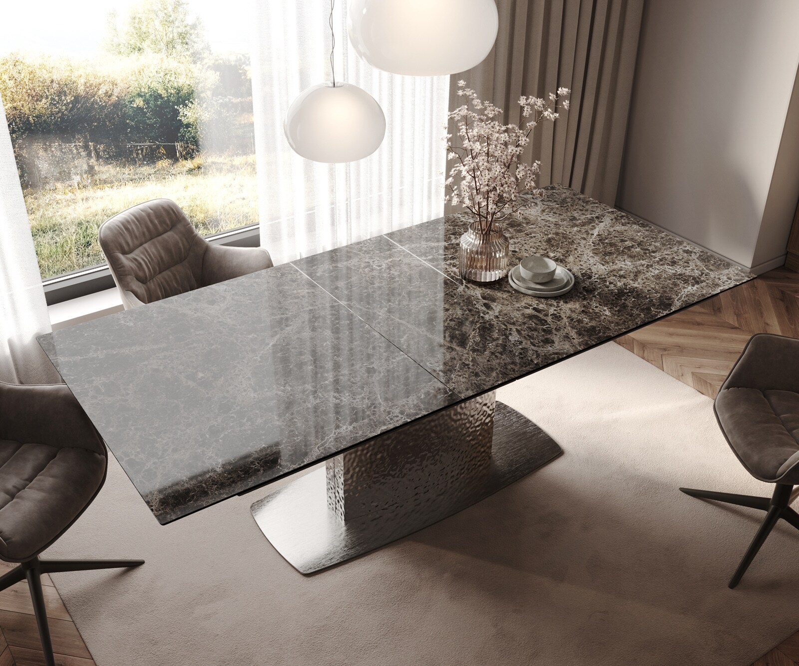 Table à manger Edge 180-220x100 Laminam® Emperador Extra Lucidato Marron foncé Wave Acier inoxydable extensible 4