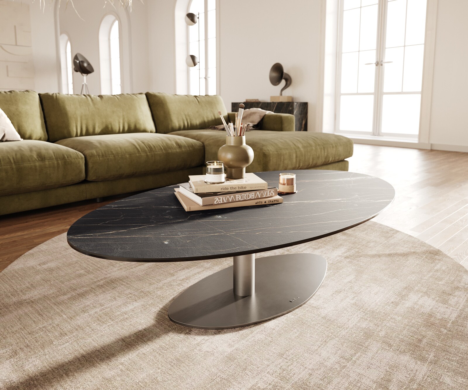 Table basse Edge Oval 140x80 cm céramique Laminam® Noir Desir brun Parabi acier inoxydable brossé 3