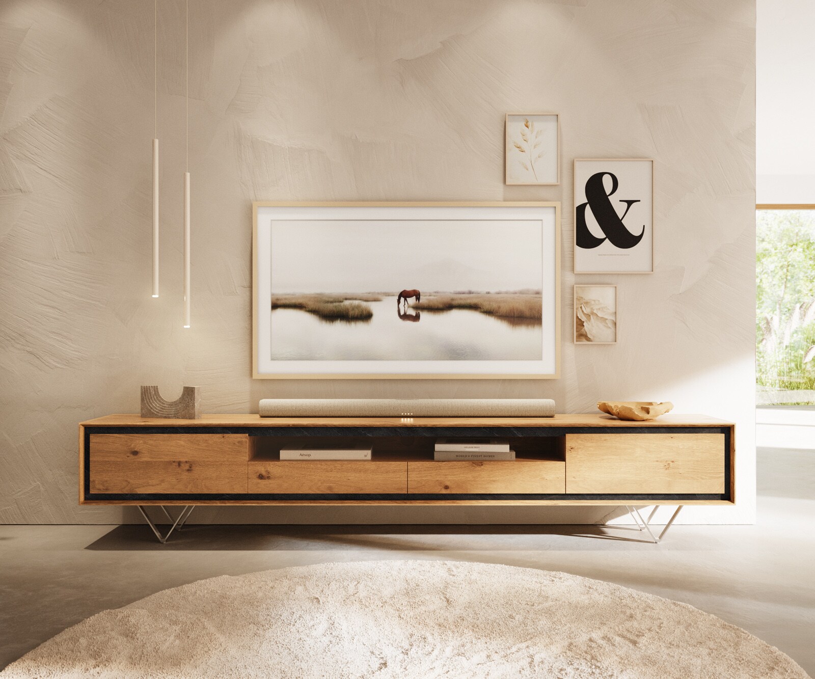 Meuble-TV Stonegrace 240 cm chêne naturel 2 portes 1 compartiment 2 tiroirs placage pierre pied en V inoxydable 1