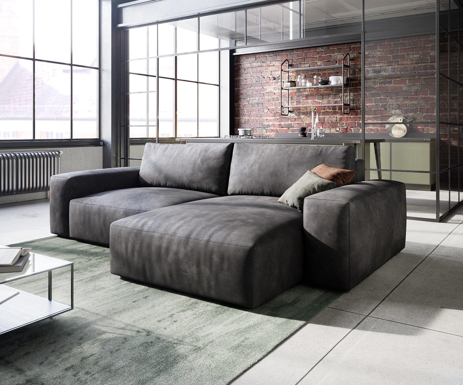 Canapé d’angle Lanzo 230x155 cm similicuir vintage anthracite méridienne réversible