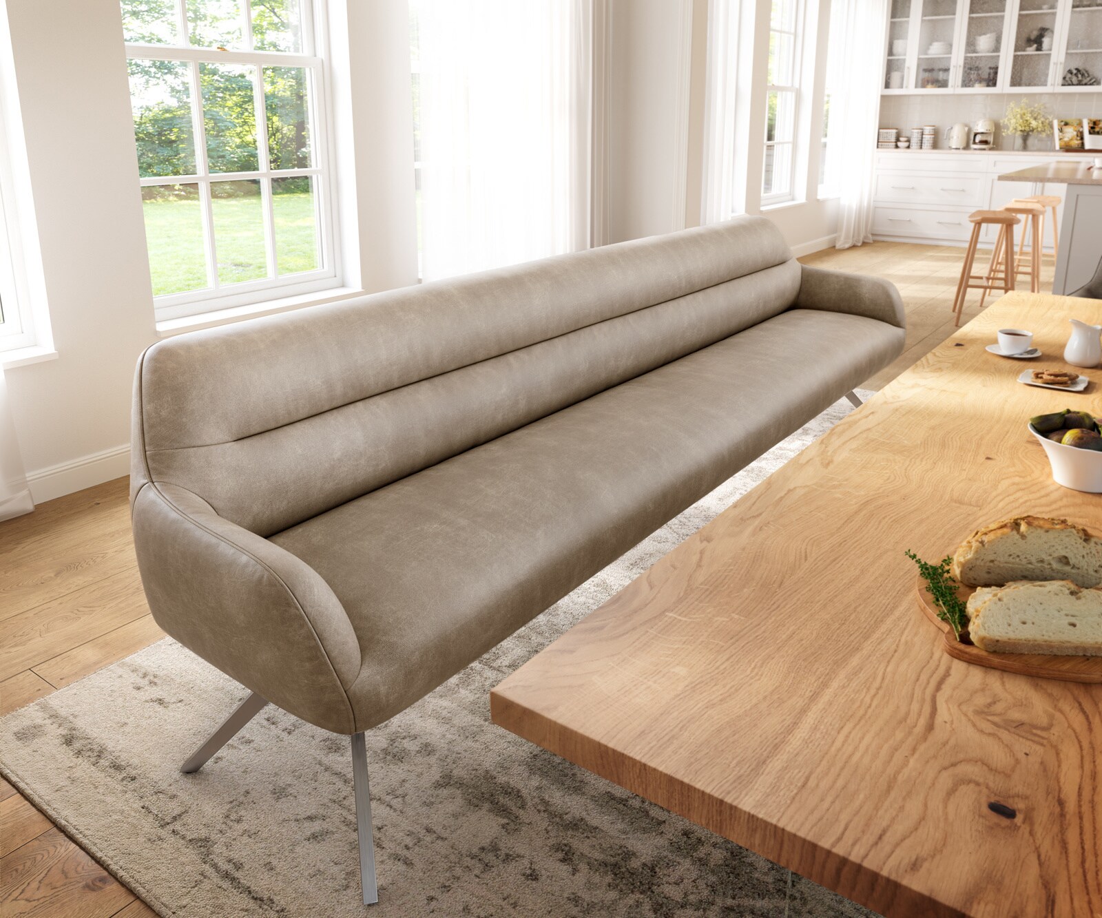 Banc-de-salle-à-manger Taya-Flex 300 cm microfibre beige vintage pied croisé angulaire acier inoxydable ressort ensaché 1