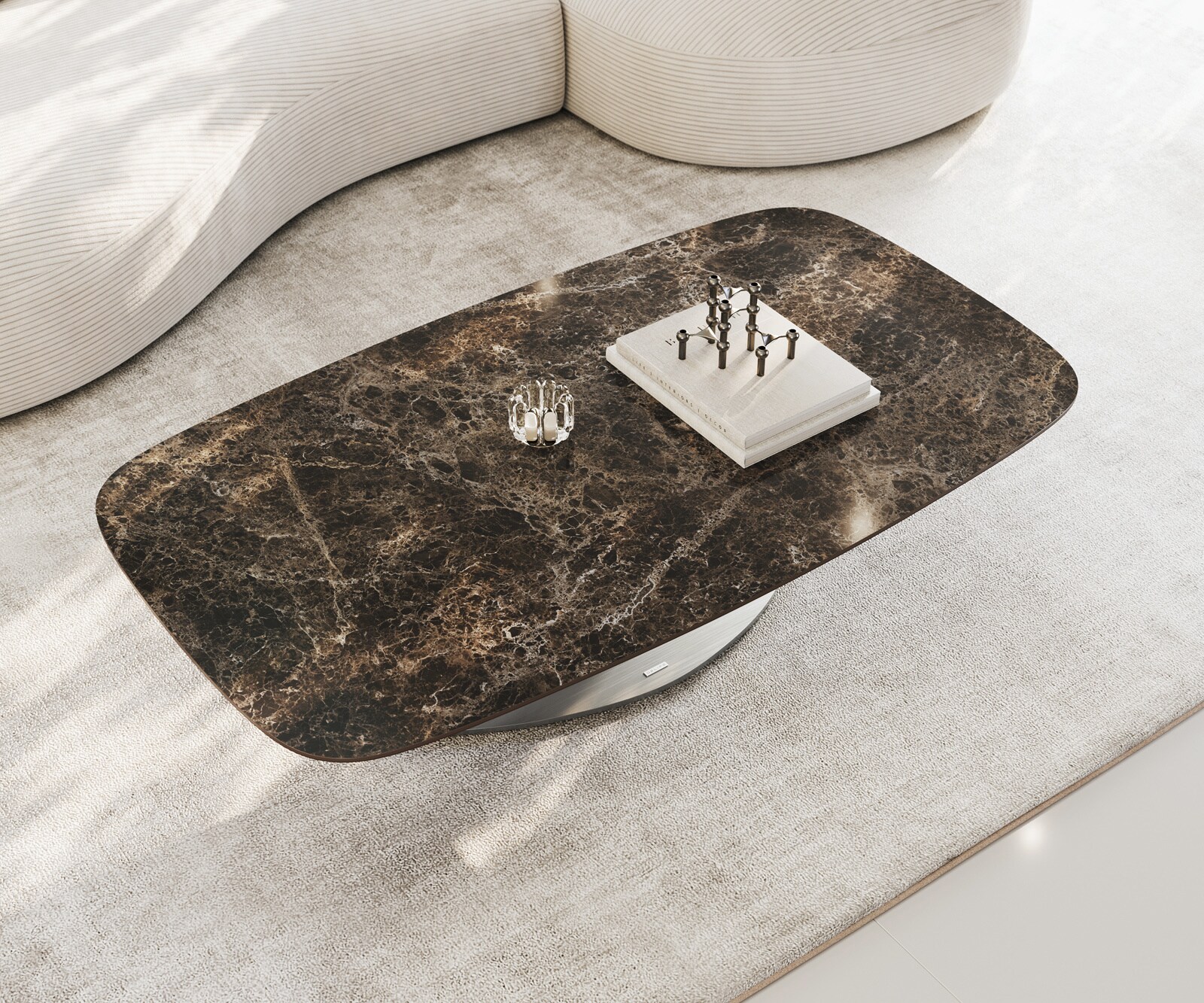 Couchtisch Edge Boot 140x80 cm Keramik Laminam® Emperador Extra Lucidato Dunkelbraun Vibany Edelstahl gebürstet 3