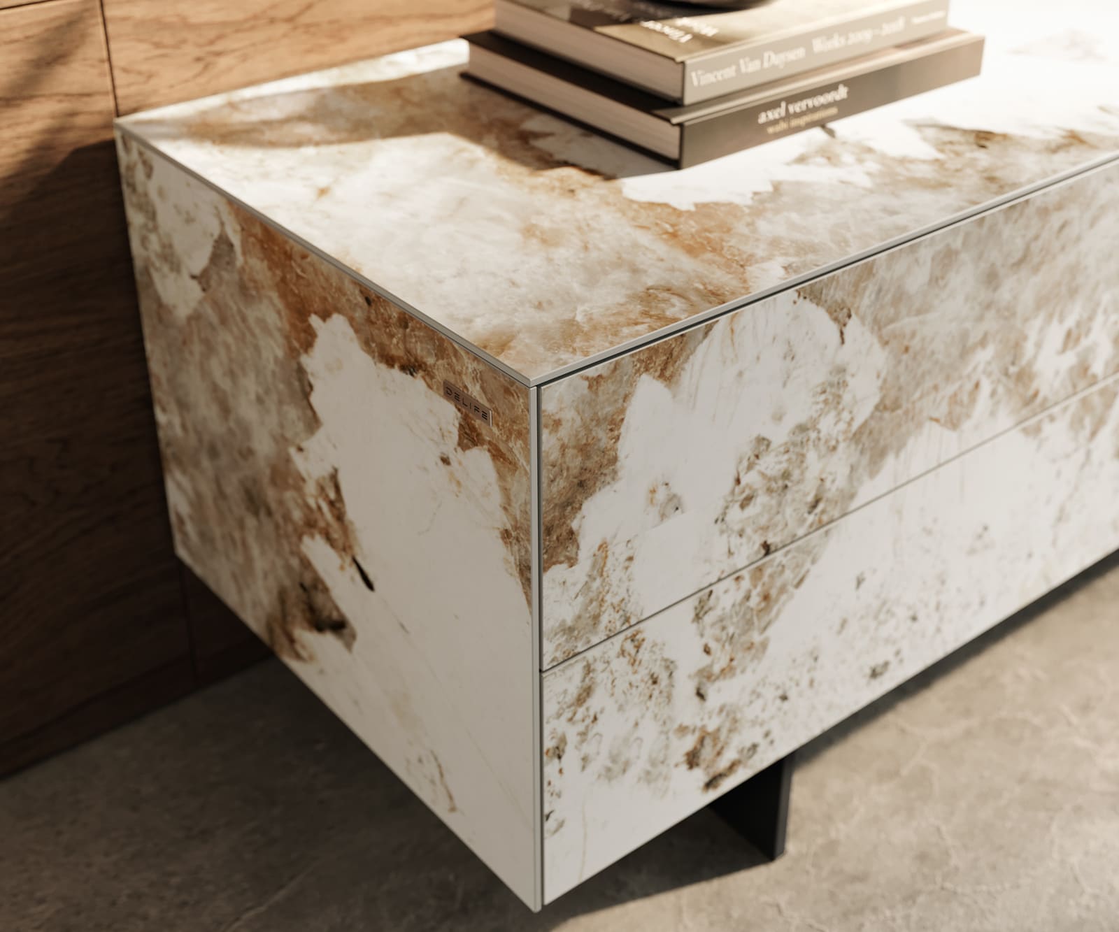 Meuble-TV Cuor 180 cm Céramique Minas Melange Blanc-beige 1 Clapet 2 Tiroirs Pied optique flottant Métal Noir 6