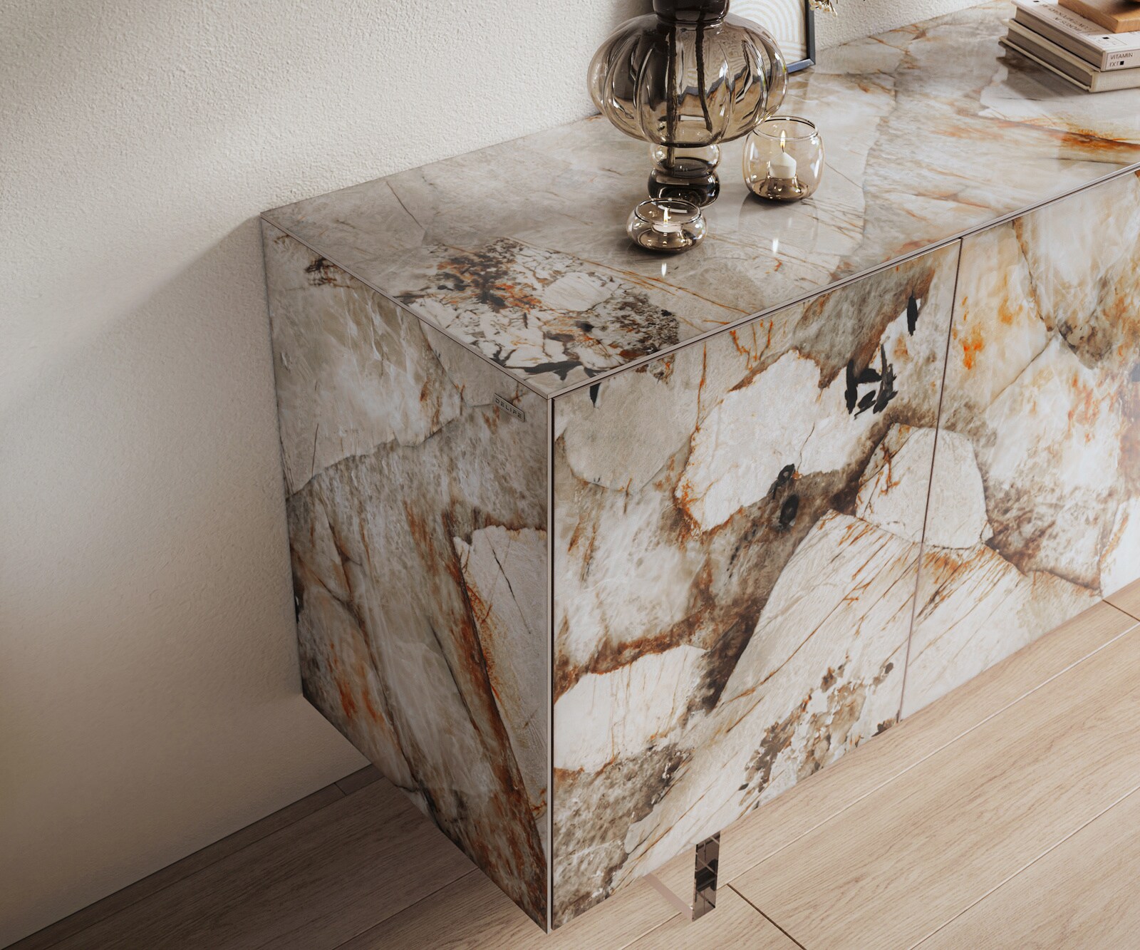 Sideboard Cuor 150 cm Keramik Patagonia Poliert 3 Türen Fuß Schwebeoptik Acrylglas 6