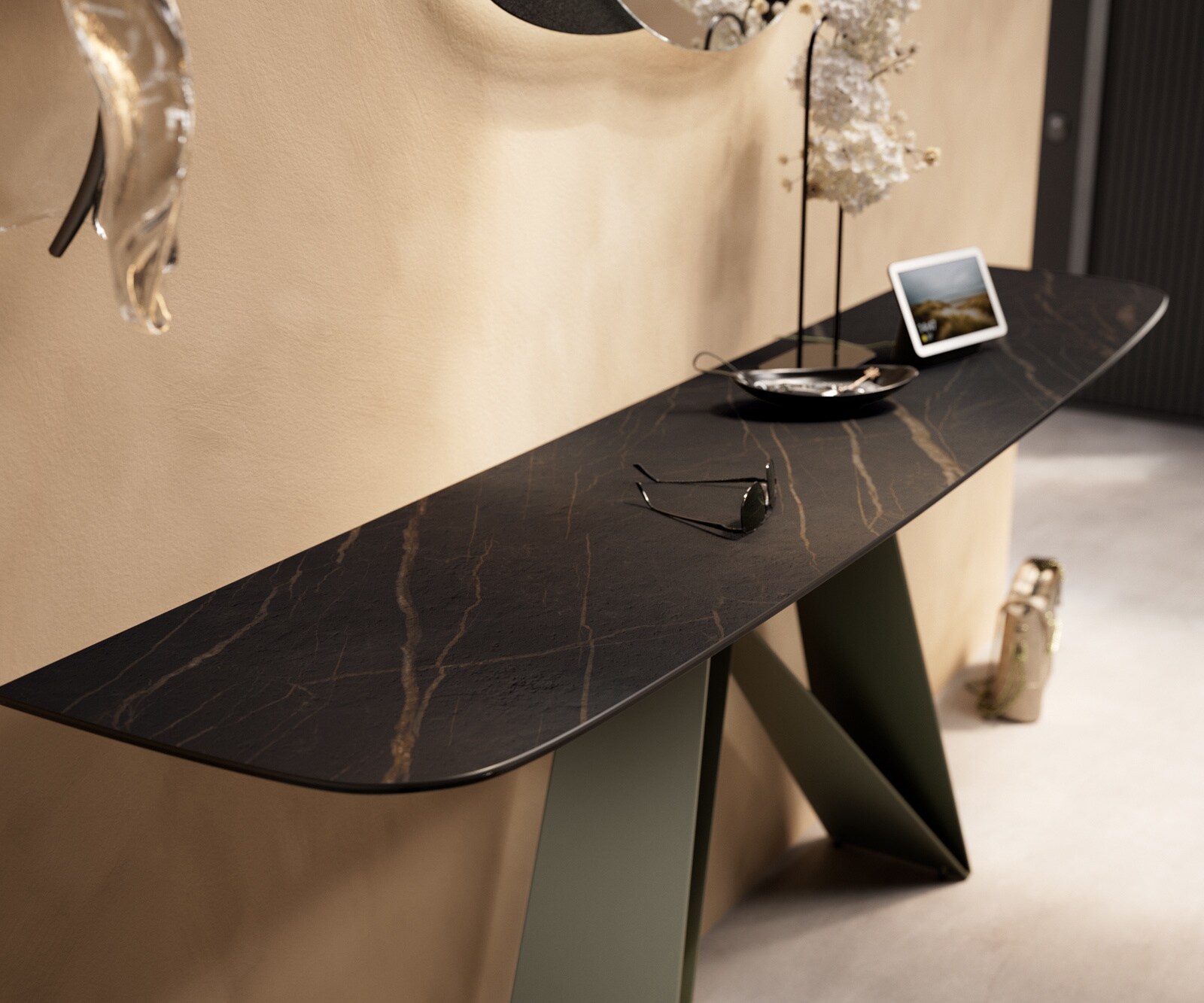 Konsolentisch Edge Boot 180x40 cm Keramik Laminam® Noir Desir Braun Velio Metall Effektfinish Titan 6