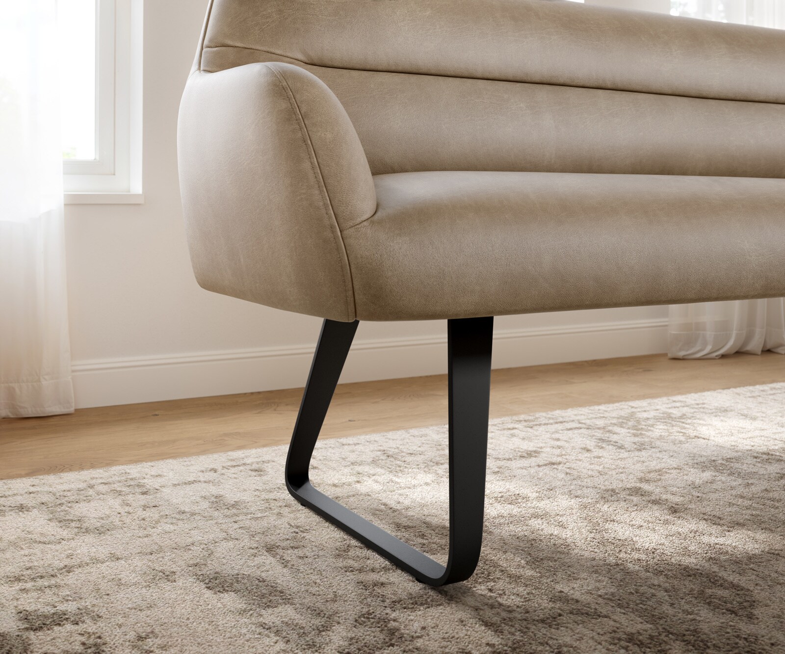 Banc-de-salle-à-manger Taya-Flex 200 cm microfibre beige vintage châssis à patins plat noir ressort ensaché 4