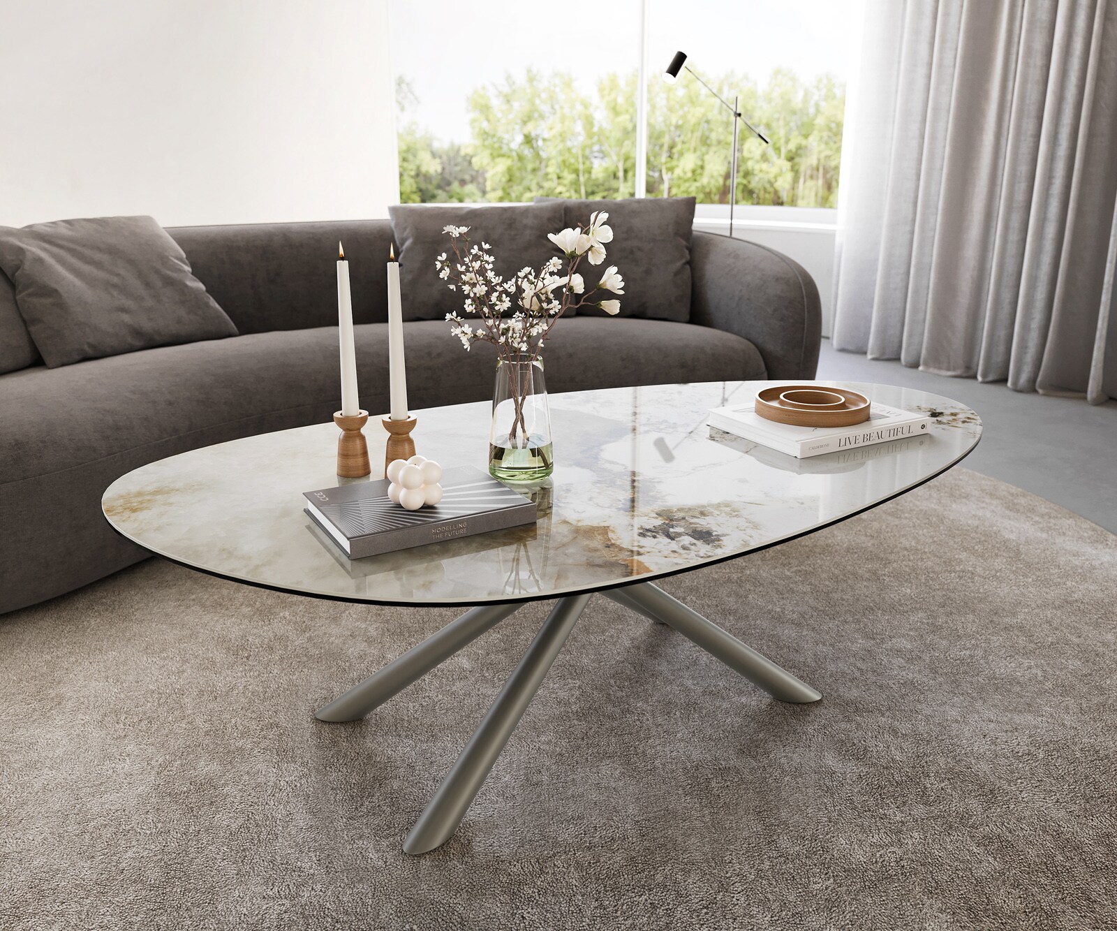 Table basse Edge Oval 140x75 cm céramique Minas Melange Sarity Metall finition effet titane