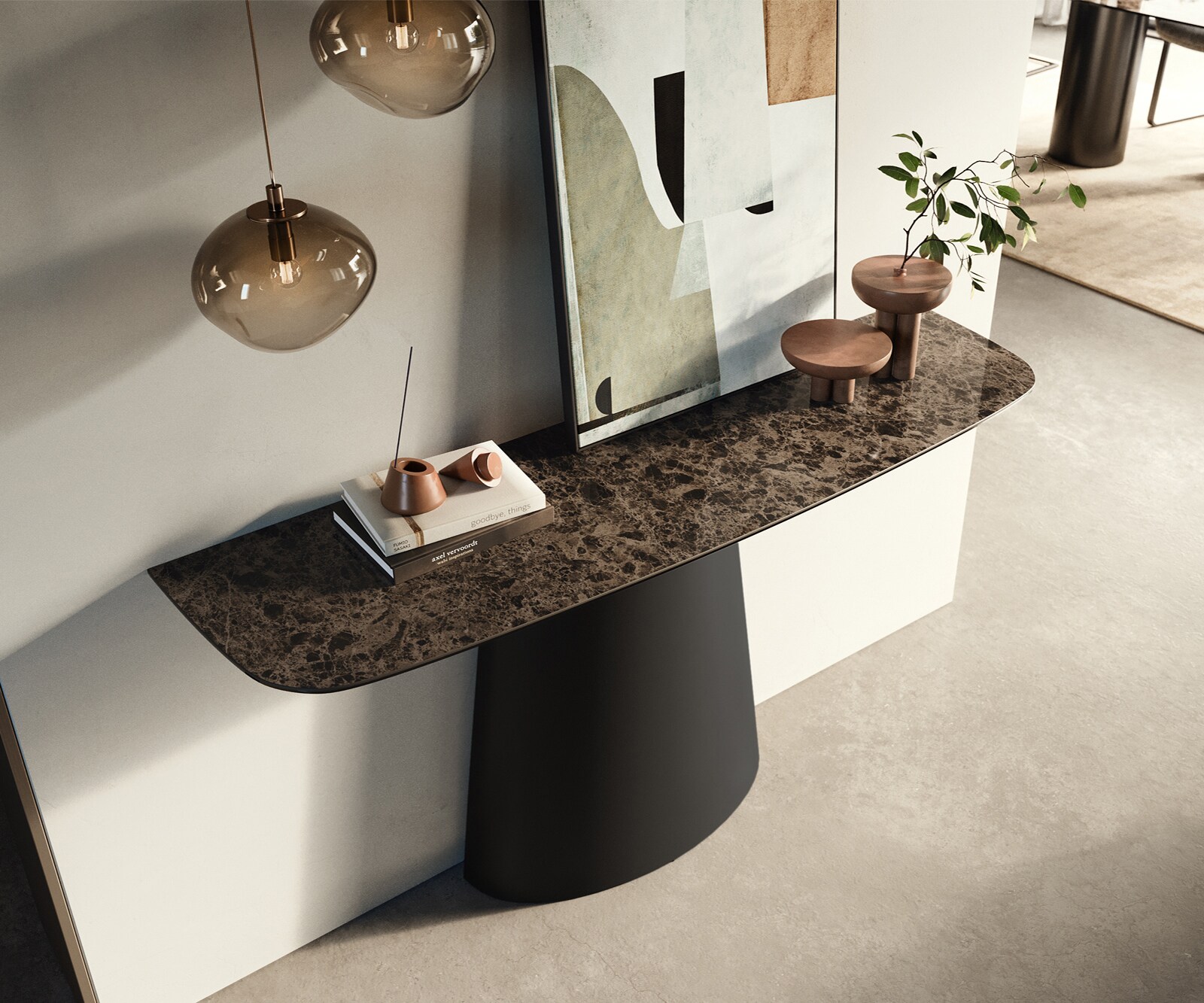 Konsolentisch Edge Boot 140x40 cm Keramik Emperador Extra Lucidato Dunkelbraun Conos Metall Schwarz 2