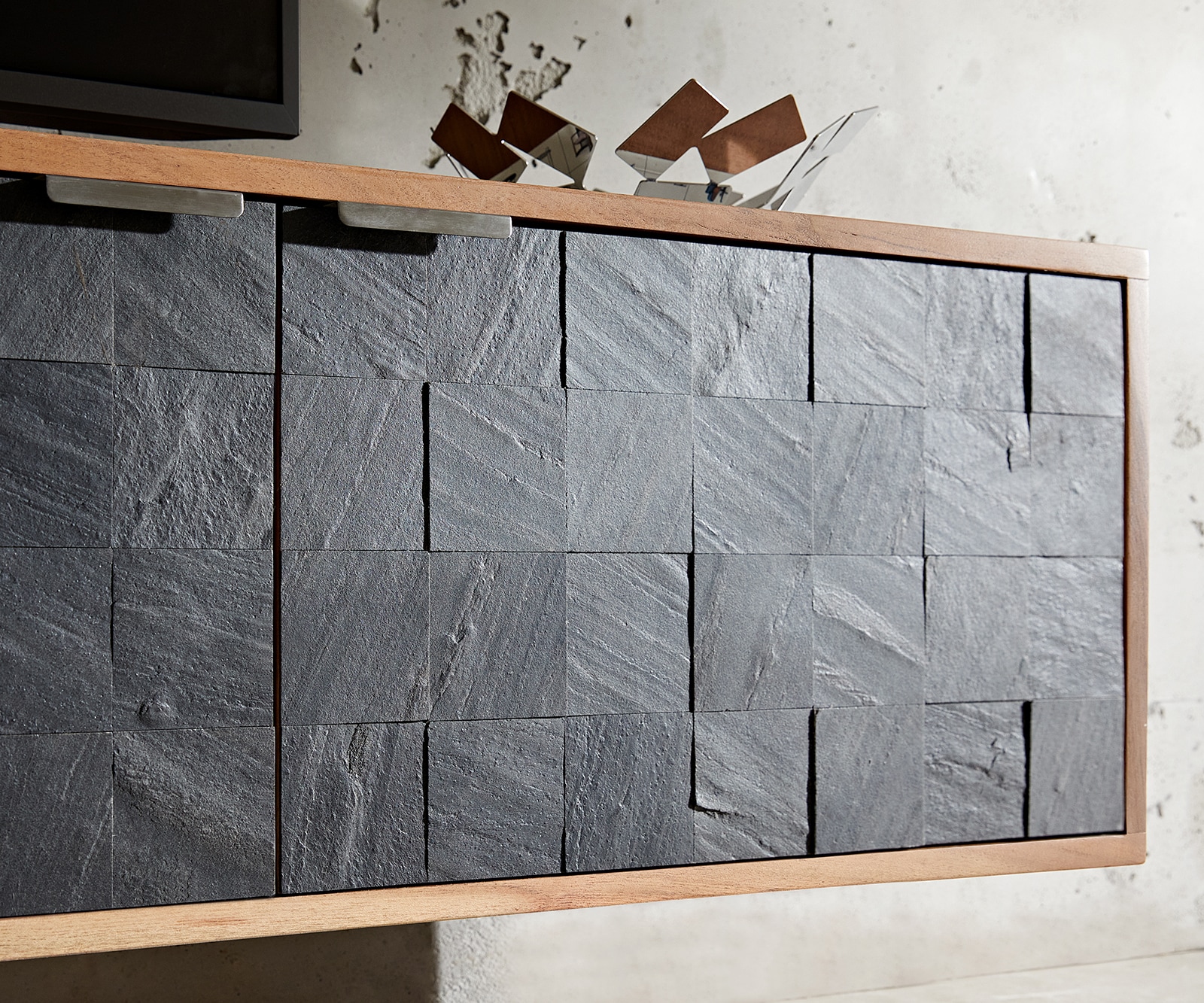 Lowboard Teele 220 cm Akazie Natur Schiefer 4 Türen schwebend 4 Lowboard Teele 220 cm Akazie Natur Schiefer 4 Türen schwebend 4