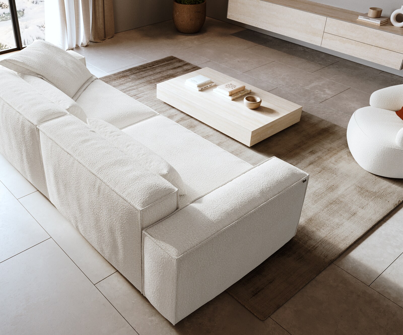 Bigsofa Freestyle 280x110 cm Bouclé Crème-blanc couture passepoilée 4