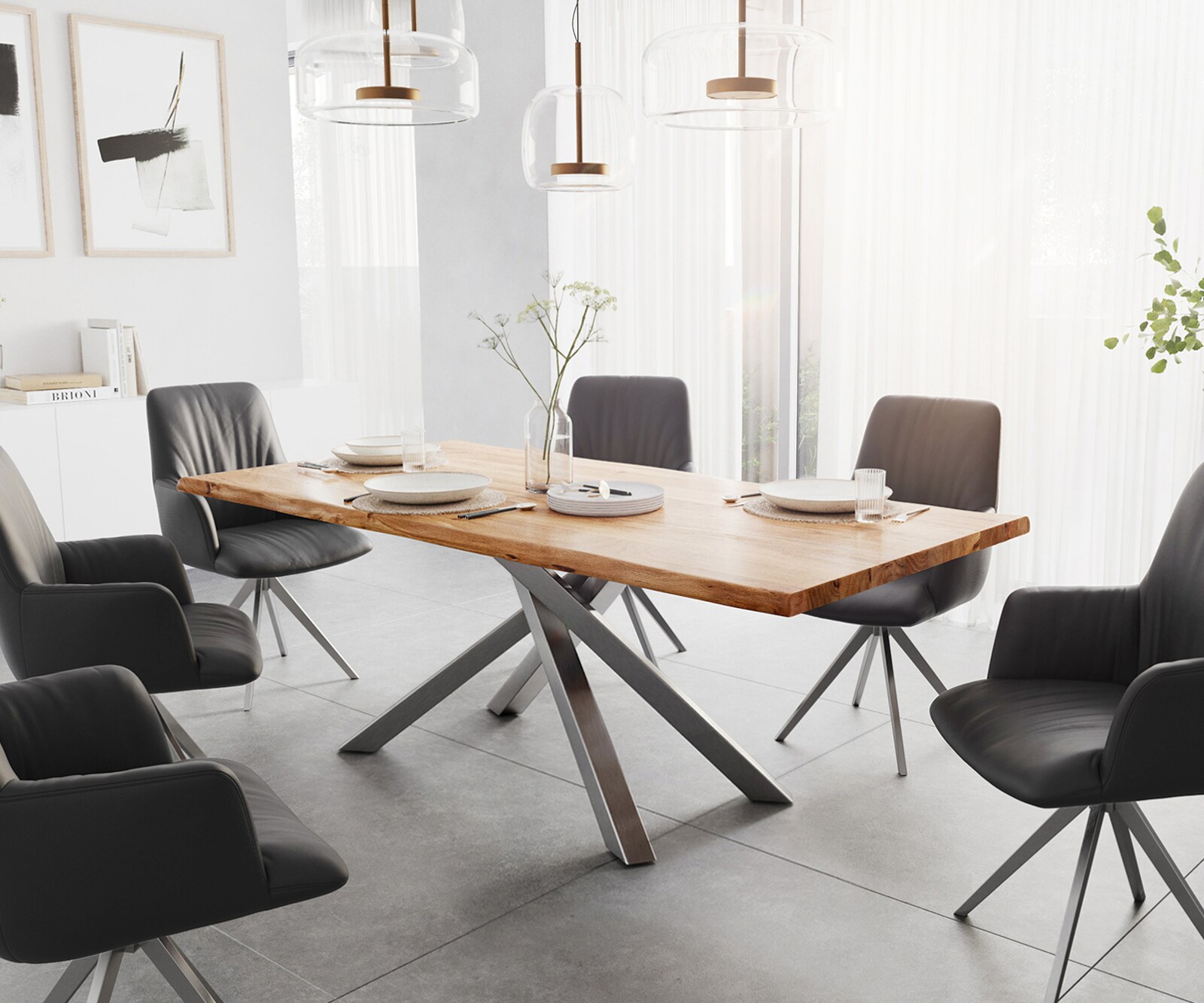 Table à manger Edge 200x100 acacia nature cadre croisé rectangle acier inoxydable Live-Edge 1