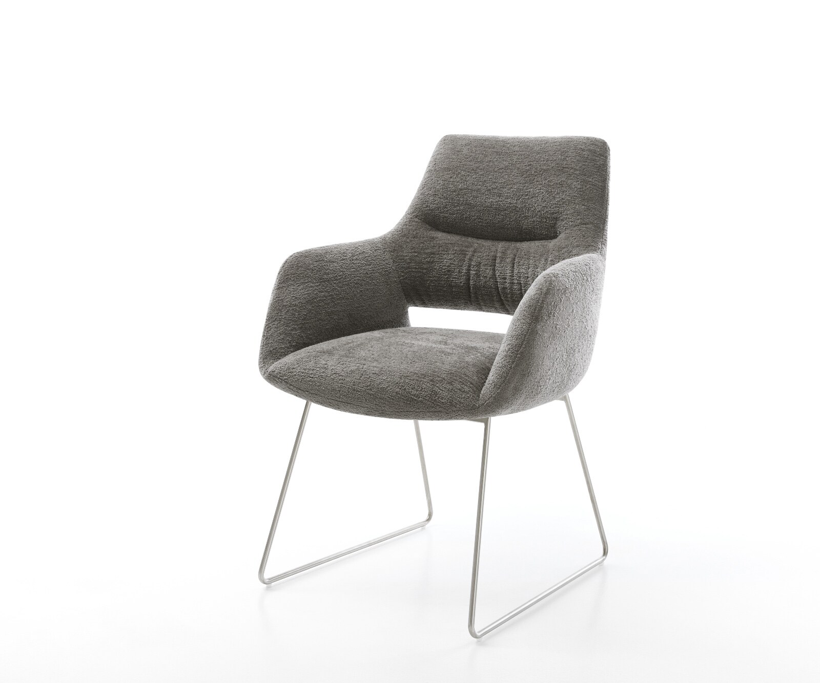 Chaise-de-salle-à-manger Yago-Flex avec accoudoirs bouclé doux couleur boue pied trapèze acier inoxydable resorts ensachés