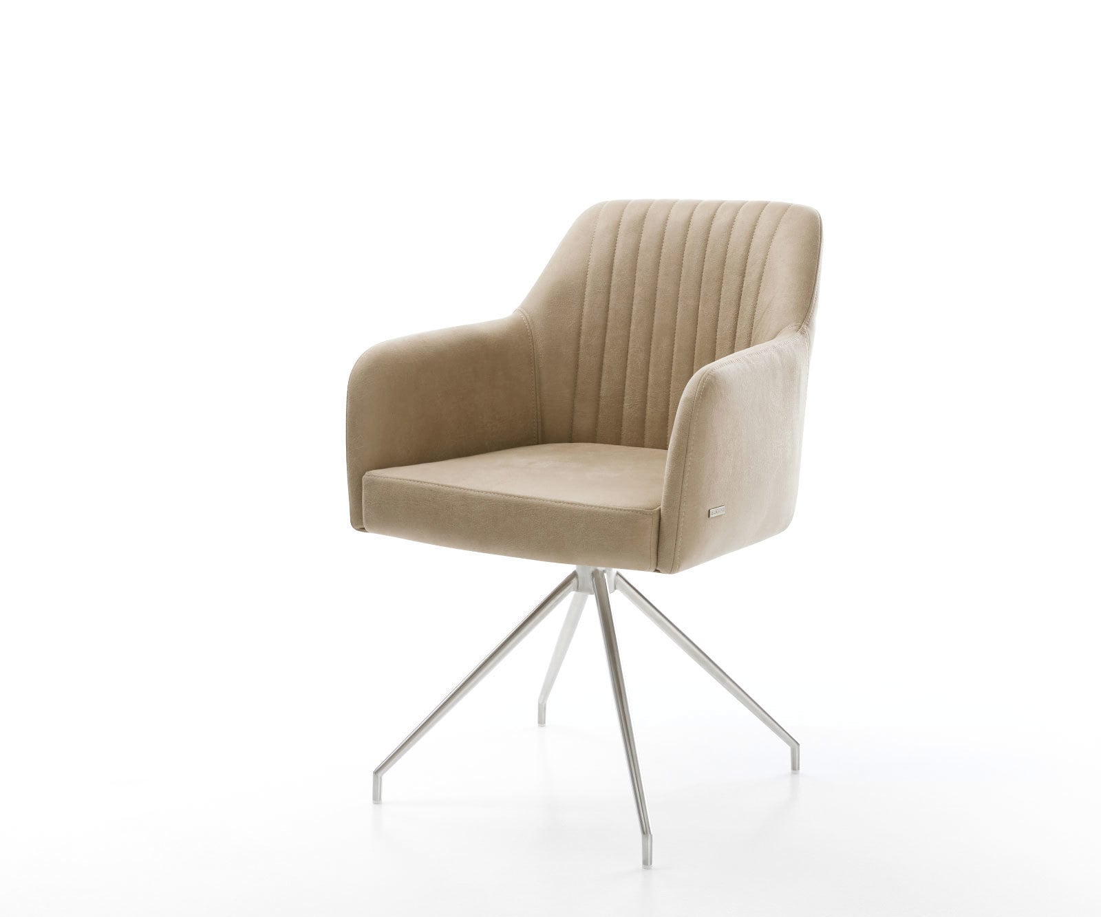 Chaise-de-salle-à-manger Greg-Flex microvelours beige vintage pied croisé conique acier inoxydable brossé ressorts ensachés Chaise-de-salle-à-manger Greg-Flex microvelours beige vintage pied croisé conique acier inoxydable brossé ressorts ensachés