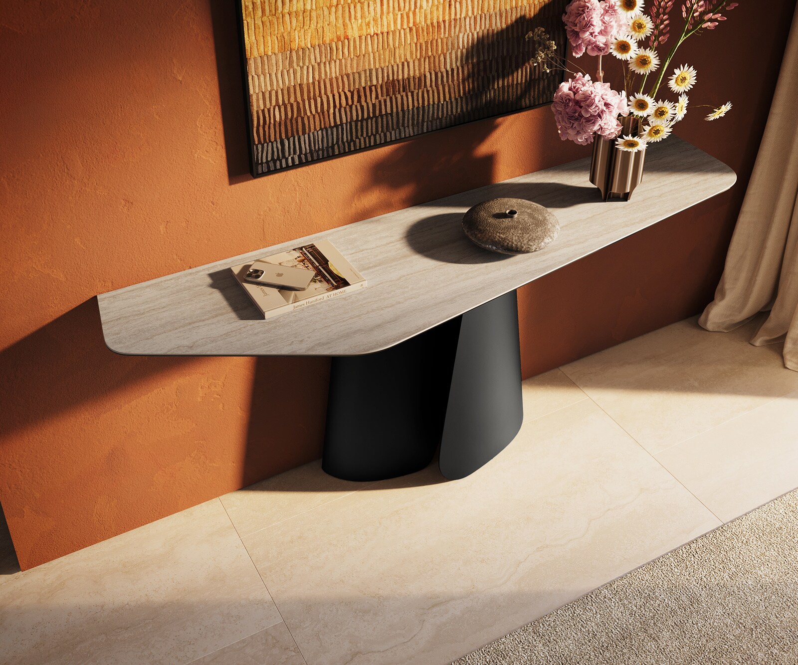 Console Edge Polygonal 180x50 cm Céramique Laminam® Travertino Bianco Creme-Weiß Livos Métal Noir 3