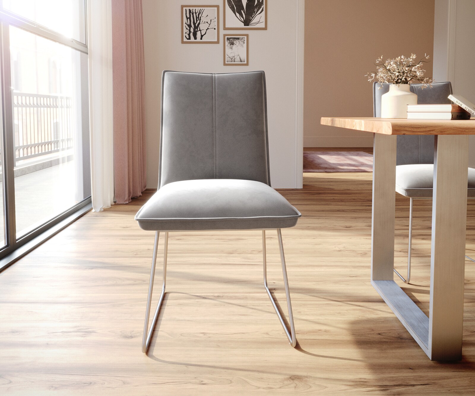 Chaise-de-salle-à-manger Lelio-Flex velours gris pied trapèze acier inoxydable brossé ressorts ensachés 2