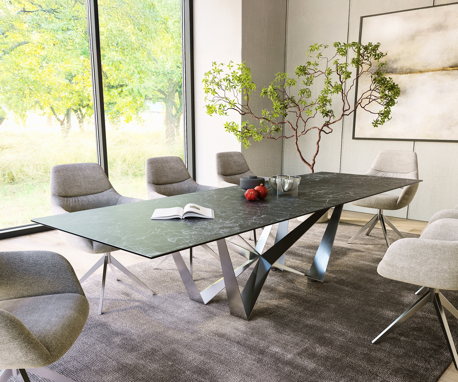 Table-à-manger Edge 300x100cm Laminam® céramique gris pieds milieu acier plat argent Table-à-manger Edge 300x100cm Laminam® céramique gris pieds milieu acier plat argent