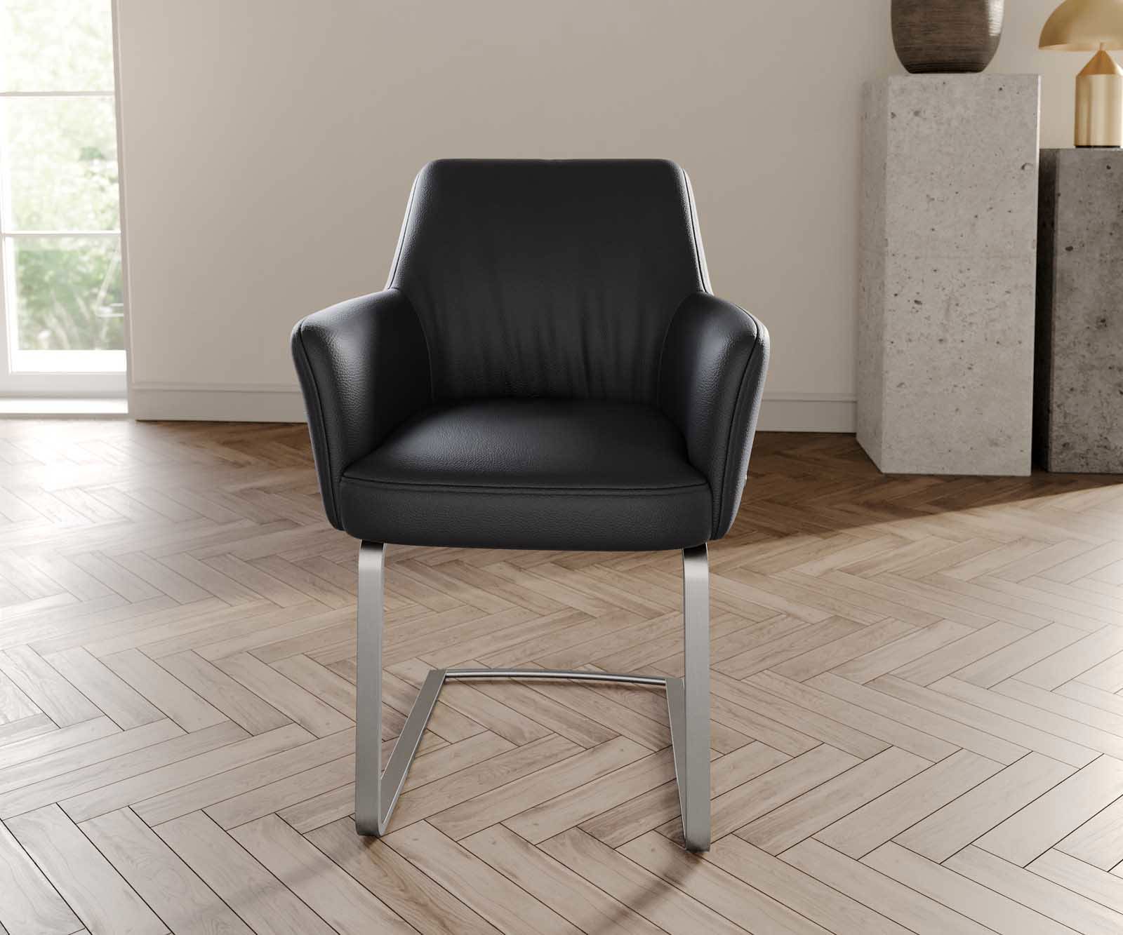 Cantilever Xana-Flex avec accoudoirs cuir de vache noir pied cantilever plat acier inoxydable brossé ressorts ensachés 1