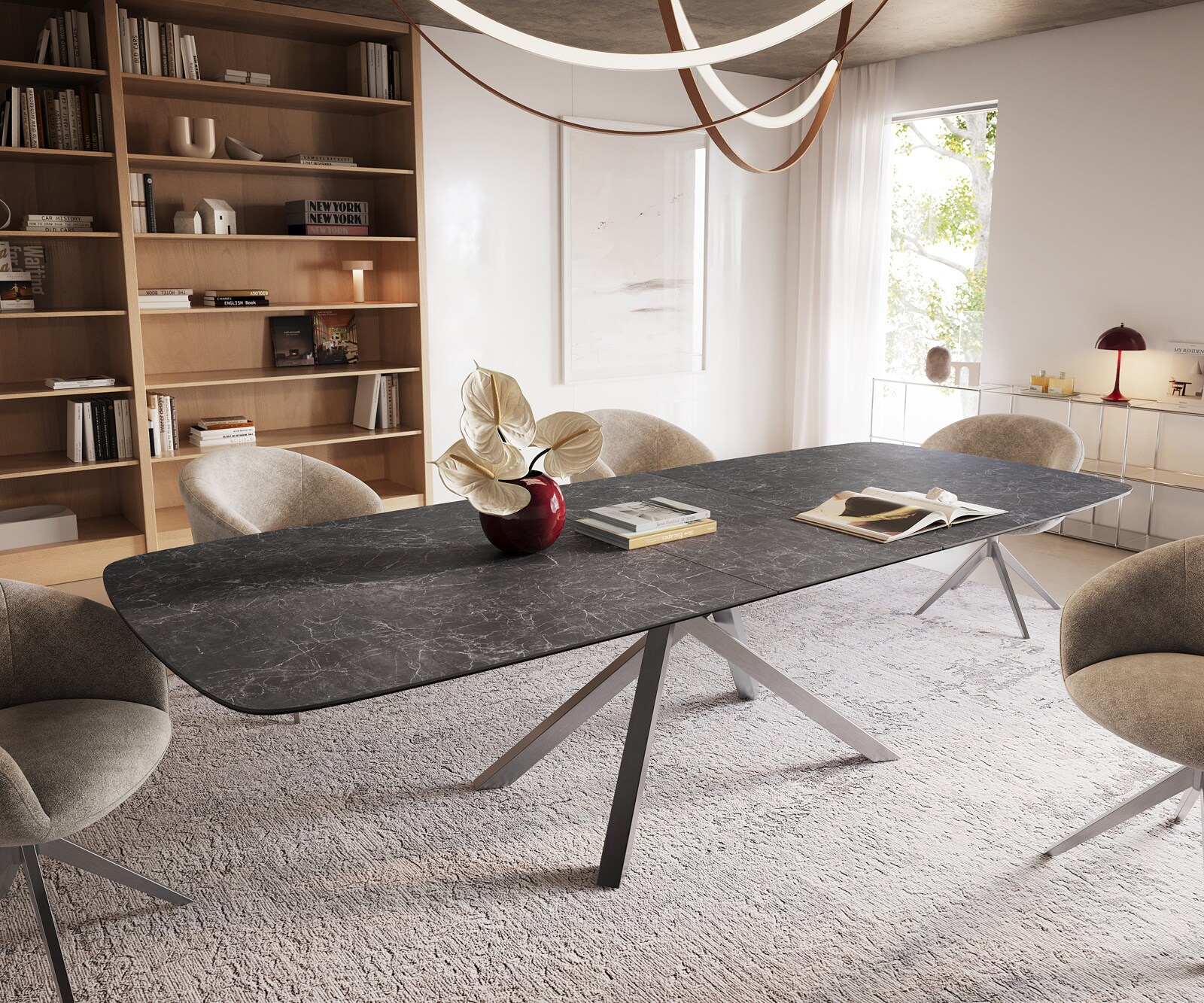Esstisch Edge Boot 240-300x120 cm Keramik Laminam® Nero Greco Anthrazit Kreuzgestell Rechteck Edelstahl ausziehbar