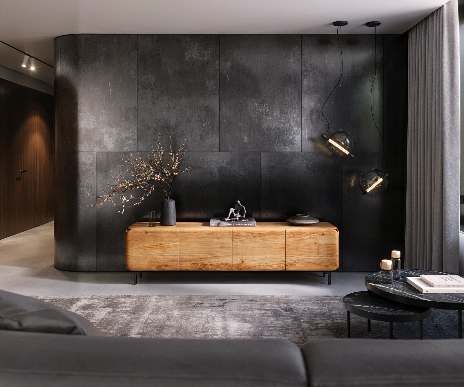 Meuble-TV Shavani 175 cm acacia naturel 2 portes 2 tiroirs métal noir 2