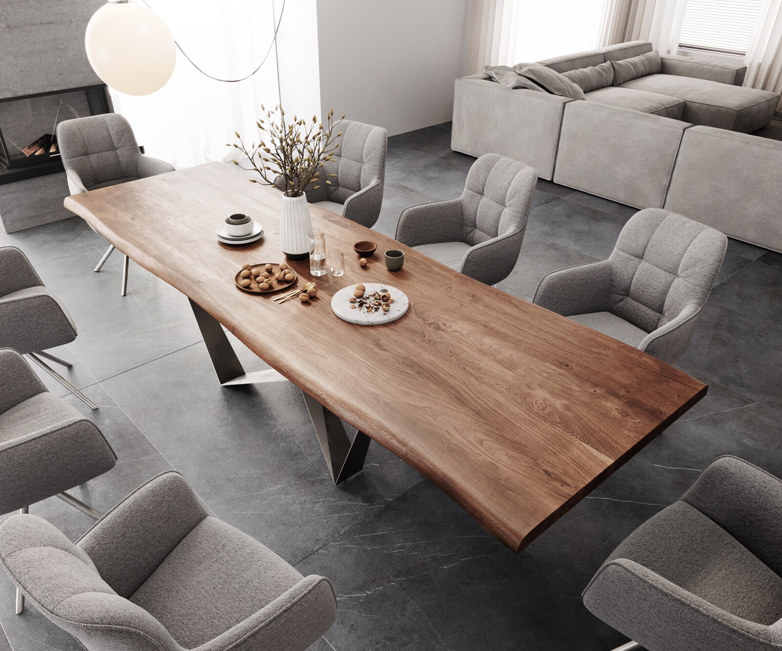 Esstisch Edge 300x100 XL Akazie Braun Spider Flachstahl Edelstahl Live-Edge 4