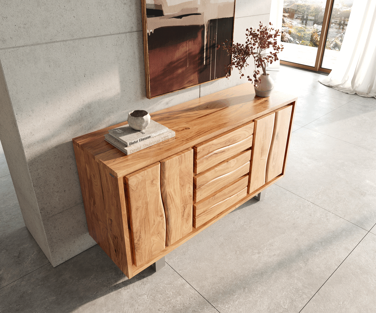 Sideboard Live-Edge 147 cm Akazie Natur 3 Schübe 2 Türen 4