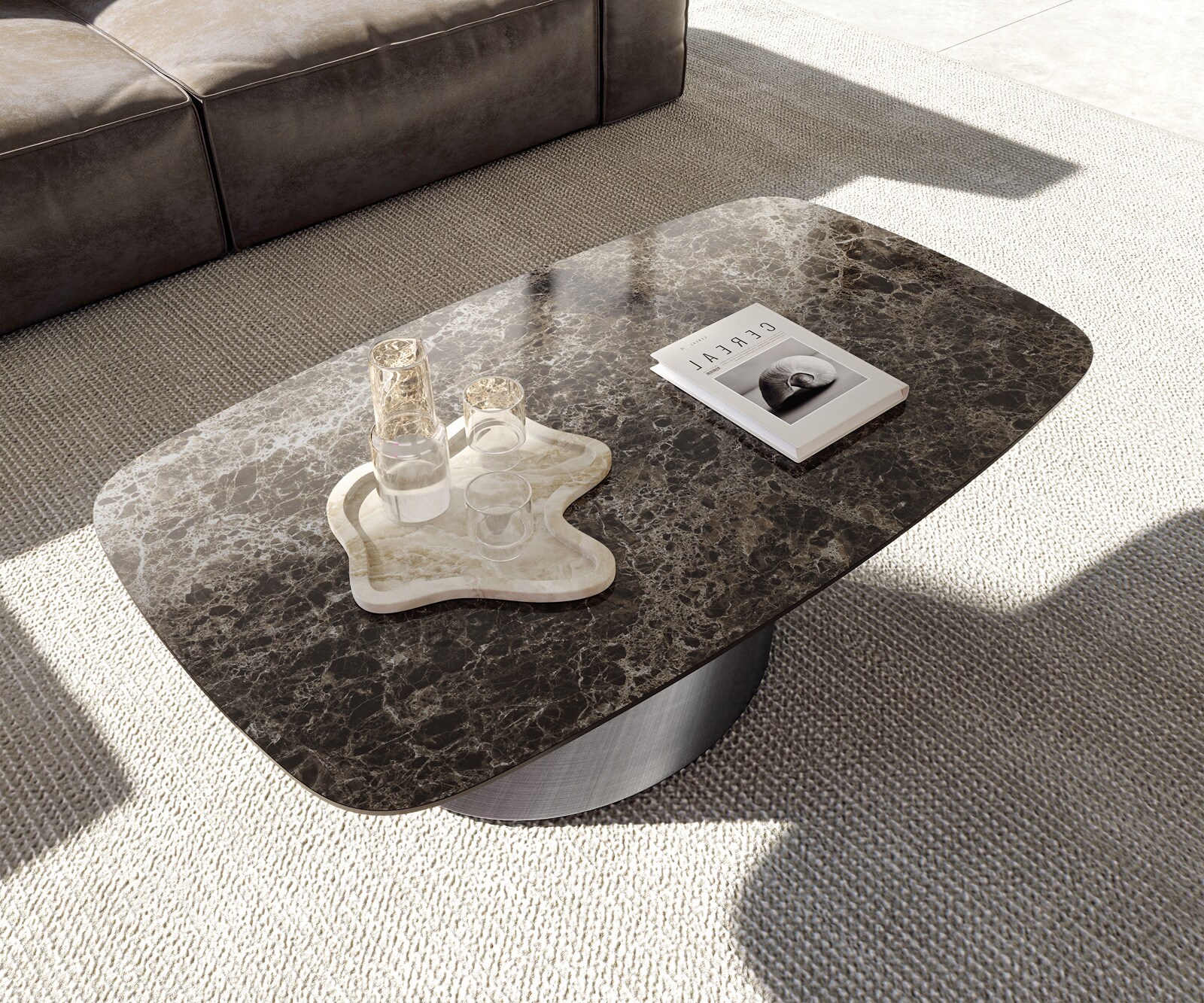 Couchtisch Edge Boot 120x70 cm Keramik Laminam® Emperador Extra Lucidato Dunkelbraun Conis Metallic Silber 3