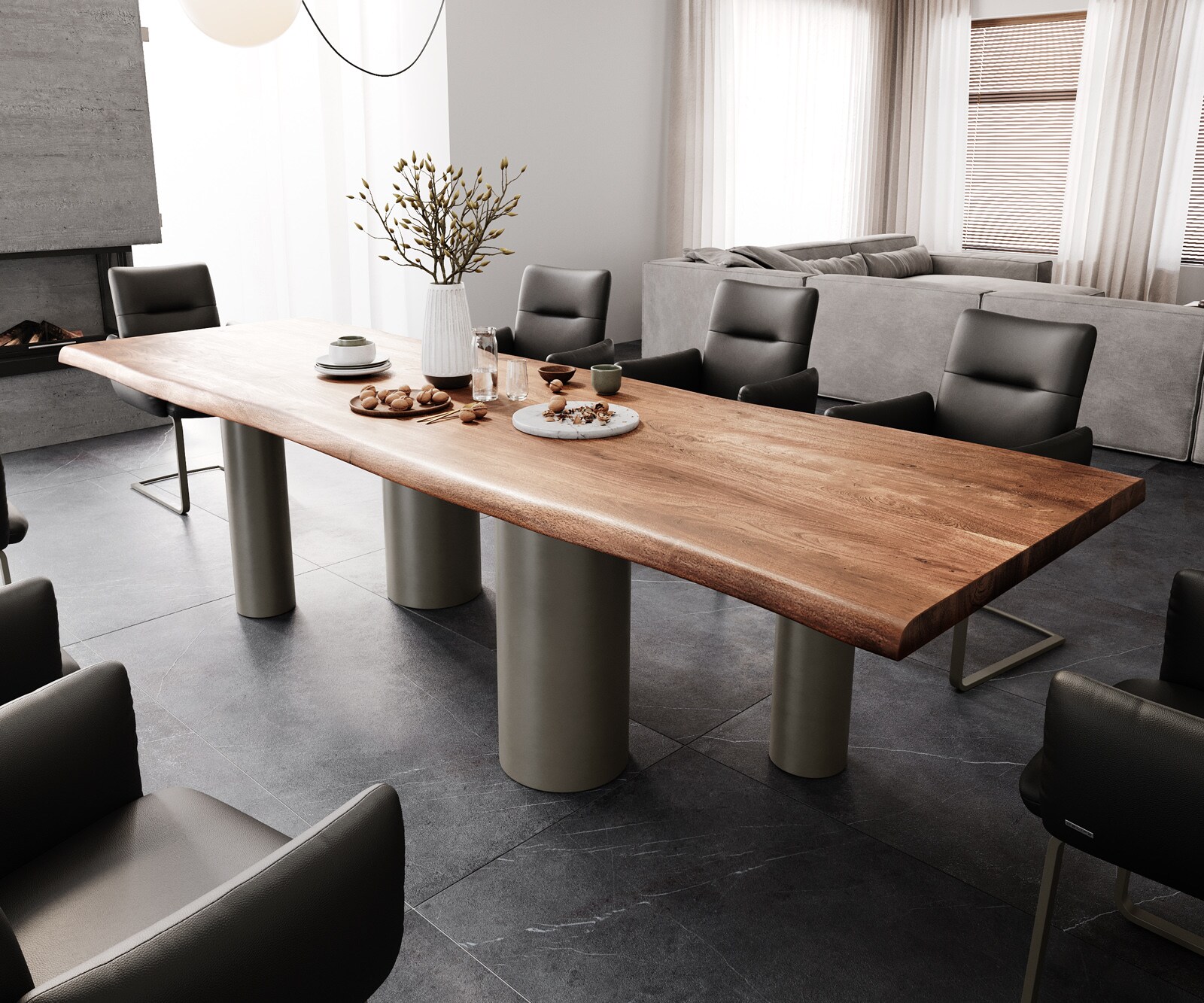 Table à manger Edge 300x100 XL Acacia Marron Pilier Métal finition à effet Titane Live-Edge