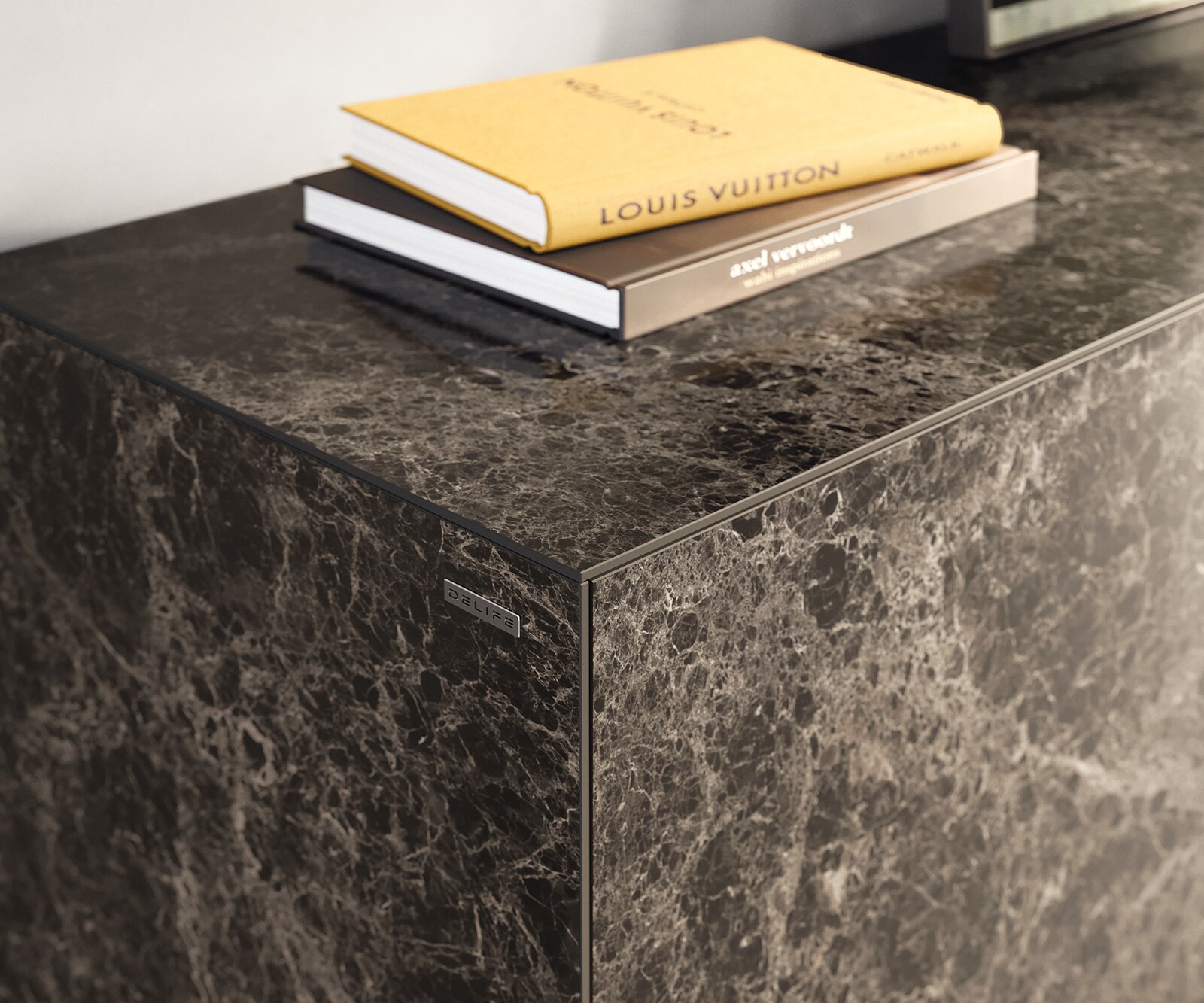 Sideboard Cuor 180 cm Keramik Laminam® Emperador Extra Lucidato Dunkelbraun 2 Türen 3 Schubfächer Fuß Schwebeoptik Acrylglas 5