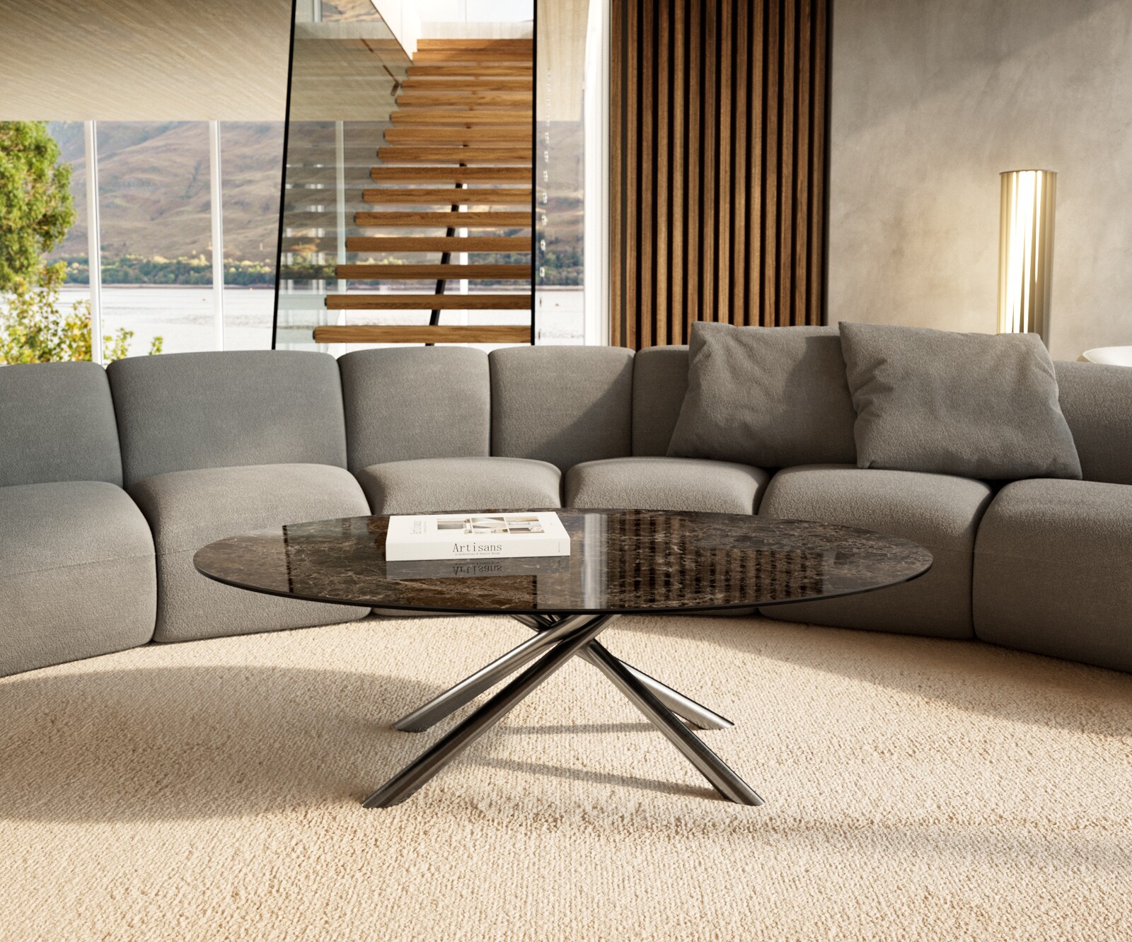 Table basse Edge ovale 140x80 cm céramique Emperador Extra Lucidato brun foncé Sarity acier inoxydable brossé 2
