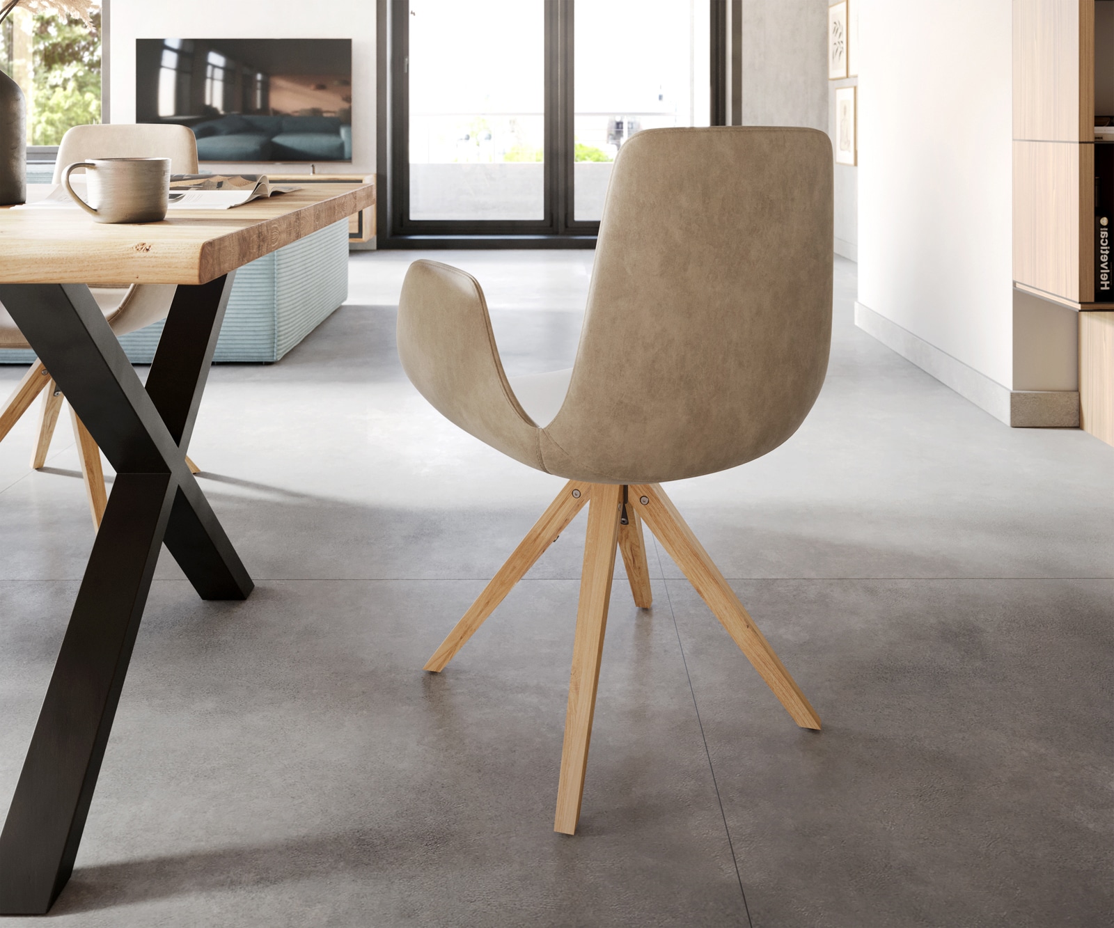 Esszimmerstuhl Ilia-Flex mit Armlehnen Mikrofaser Beige Vintage Holzgestell konisch Natur 4 Esszimmerstuhl Ilia-Flex mit Armlehnen Mikrofaser Beige Vintage Holzgestell konisch Natur 4