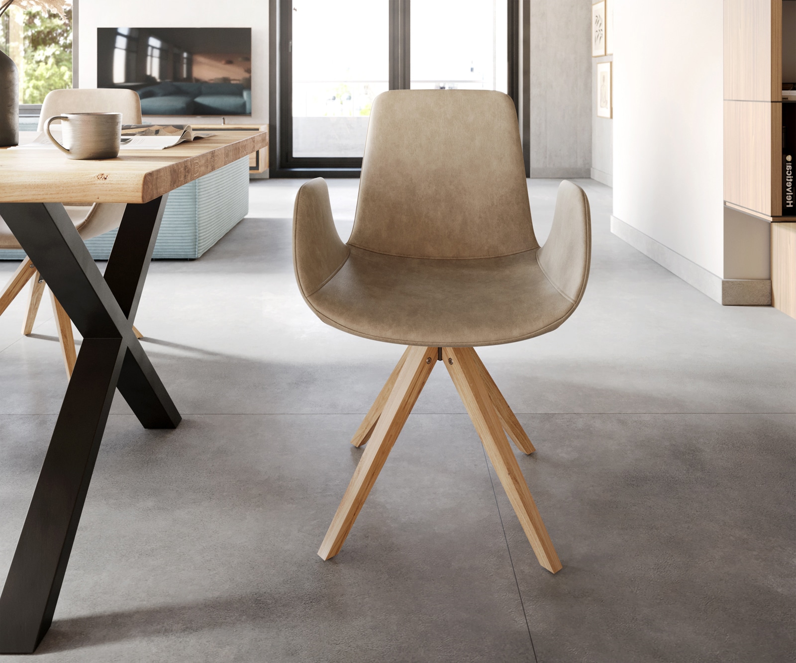 Esszimmerstuhl Ilia-Flex mit Armlehnen Mikrofaser Beige Vintage Holzgestell konisch Natur 1 Esszimmerstuhl Ilia-Flex mit Armlehnen Mikrofaser Beige Vintage Holzgestell konisch Natur 1