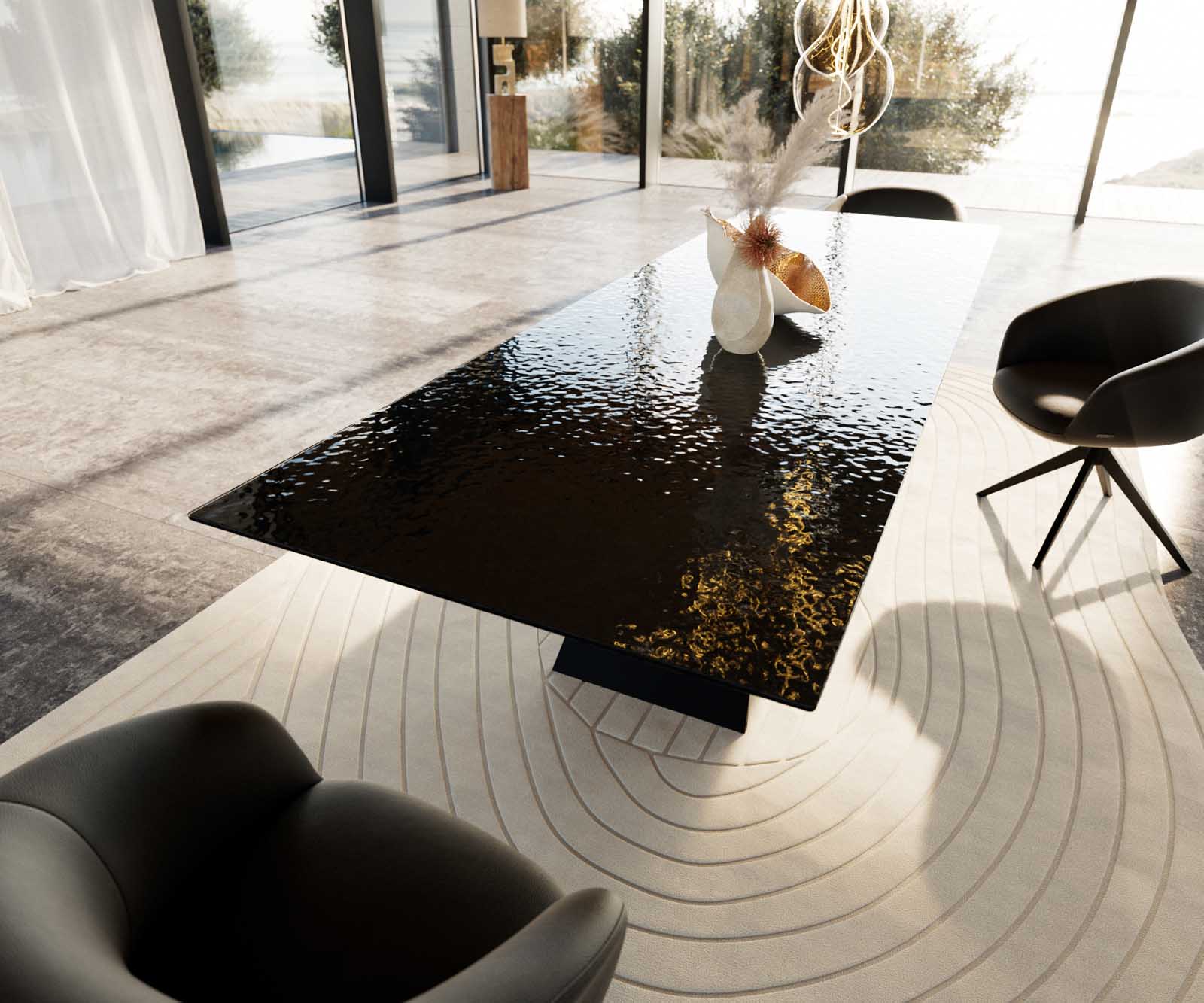 Esstisch Edge 300x100 Reliefglas Rauchschwarz 3D-Design V-Gestell Flachstahl Schwarz 6 Esstisch Edge 300x100 Reliefglas Rauchschwarz 3D-Design V-Gestell Flachstahl Schwarz 6