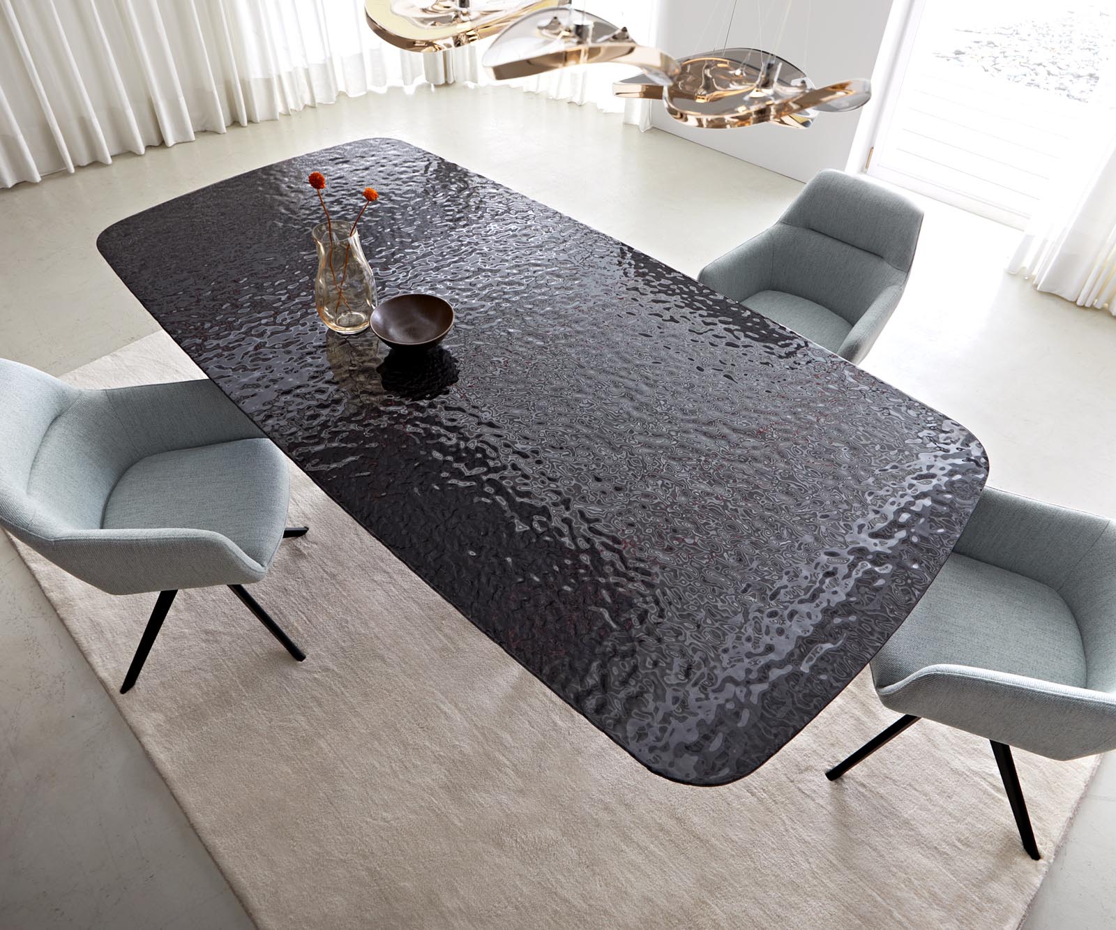 Esstisch Edge Boot 240x120 Reliefglas Rauchschwarz 3D-Design Infinity Metall Schwarz 3 Esstisch Edge Boot 240x120 Reliefglas Rauchschwarz 3D-Design Infinity Metall Schwarz 3