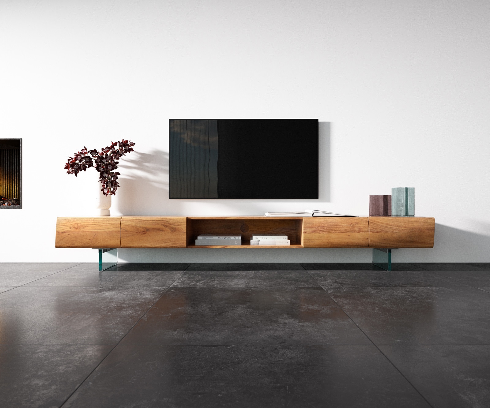 Meuble-TV New Live-Edge 240 cm acacia naturel 4 portes 1 compartiment pied en verre 3 Meuble-TV New Live-Edge 240 cm acacia naturel 4 portes 1 compartiment pied en verre 3
