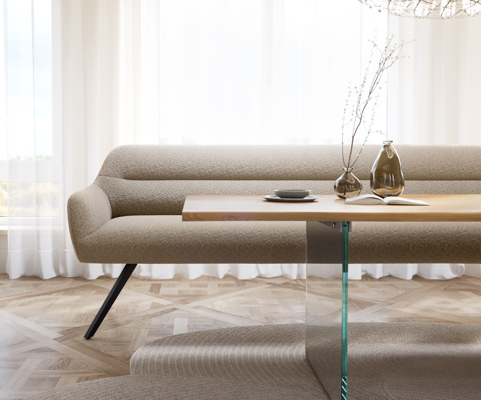 Esszimmerbank Taya-Flex 300 cm Bouclé Schlamm Kreuzgestell kantig Schwarz Taschenfederkern 1