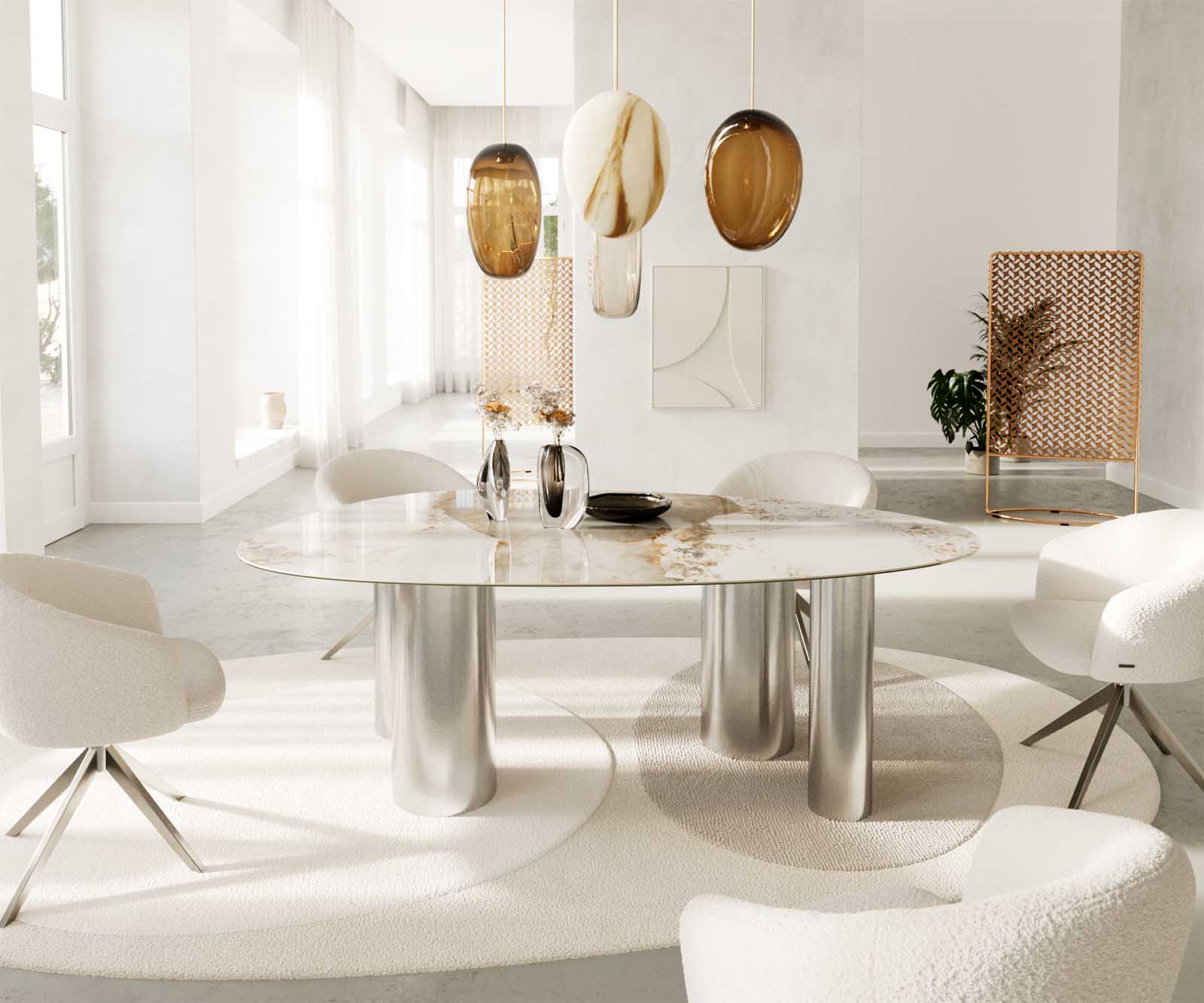Table à manger Edge Oval 220x120 Céramique Minas Melange Blanc-Beige Pilier Acier inoxydable 2