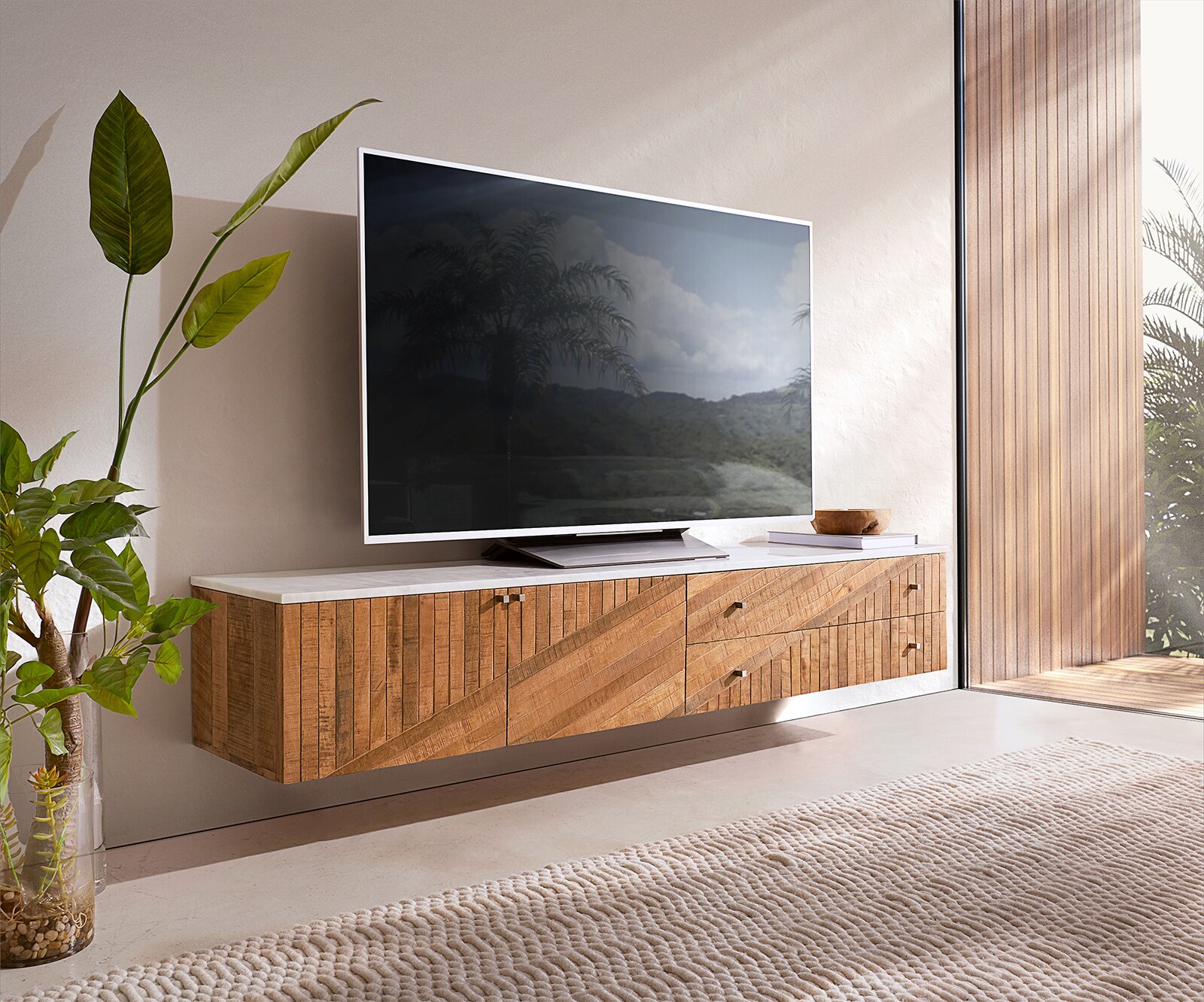 Meuble-TV Bahan 175 cm Mangue Teck 2 portes 2 tiroirs Plateau marbre blanc flottant