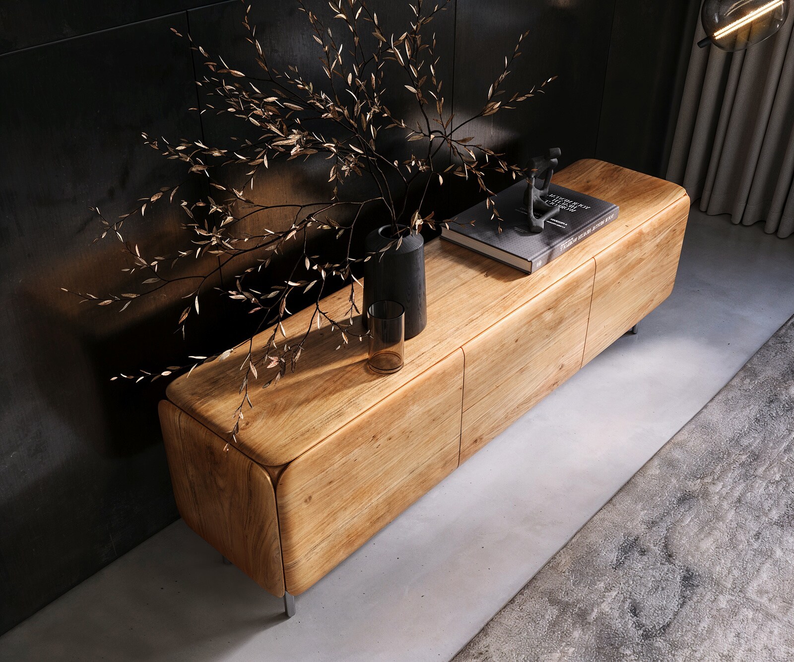 Meuble-TV Shavani 175 cm Acacia naturel 2 portes 2 tiroirs Pieds ronds Acier inoxydable Argent 3