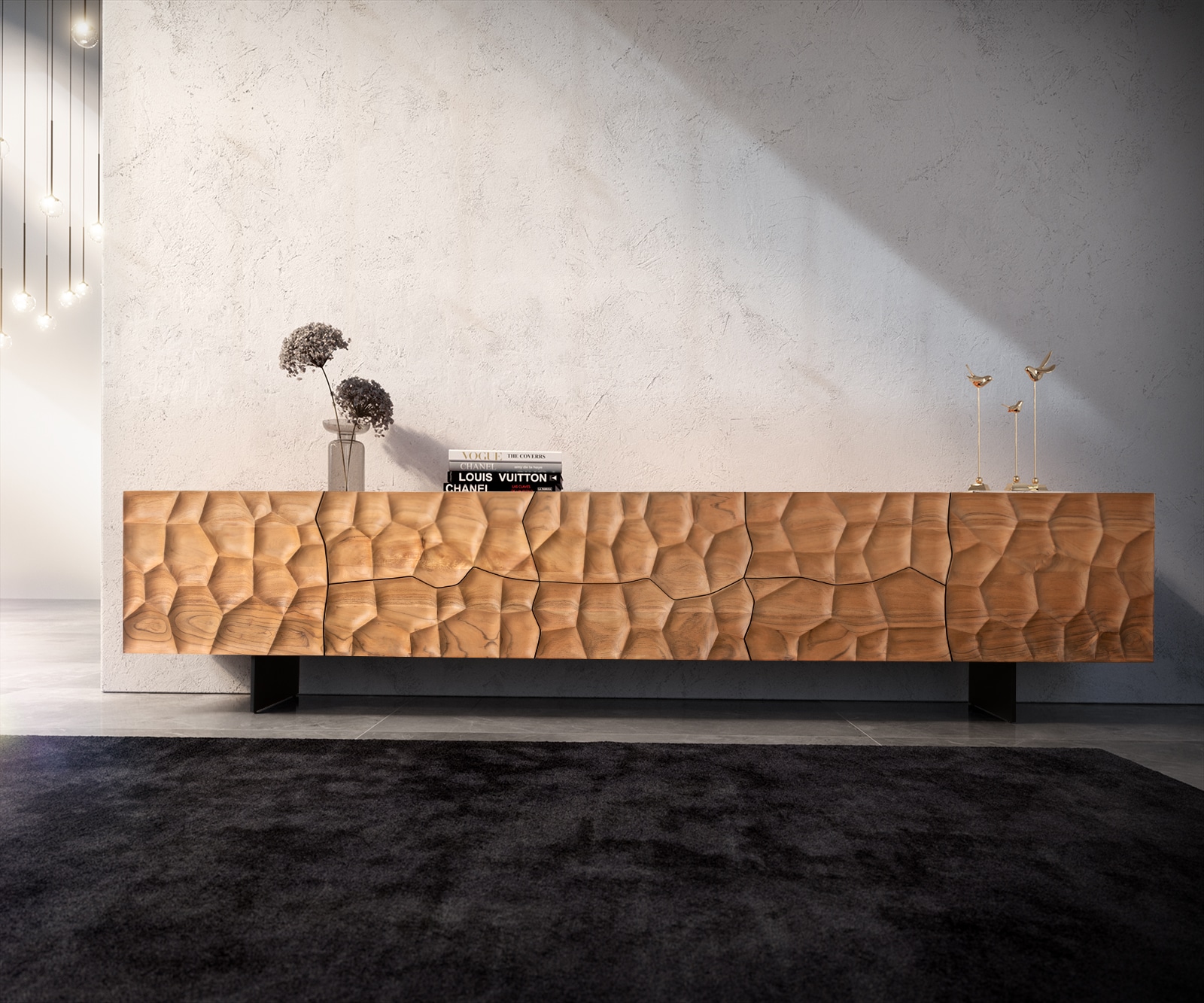 Lowboard Solu 260 cm Akazie Natur 2 Türen 6 Schübe Fuß schwebend Metall Schwarz 3D-Front 1 Lowboard Solu 260 cm Akazie Natur 2 Türen 6 Schübe Fuß schwebend Metall Schwarz 3D-Front 1