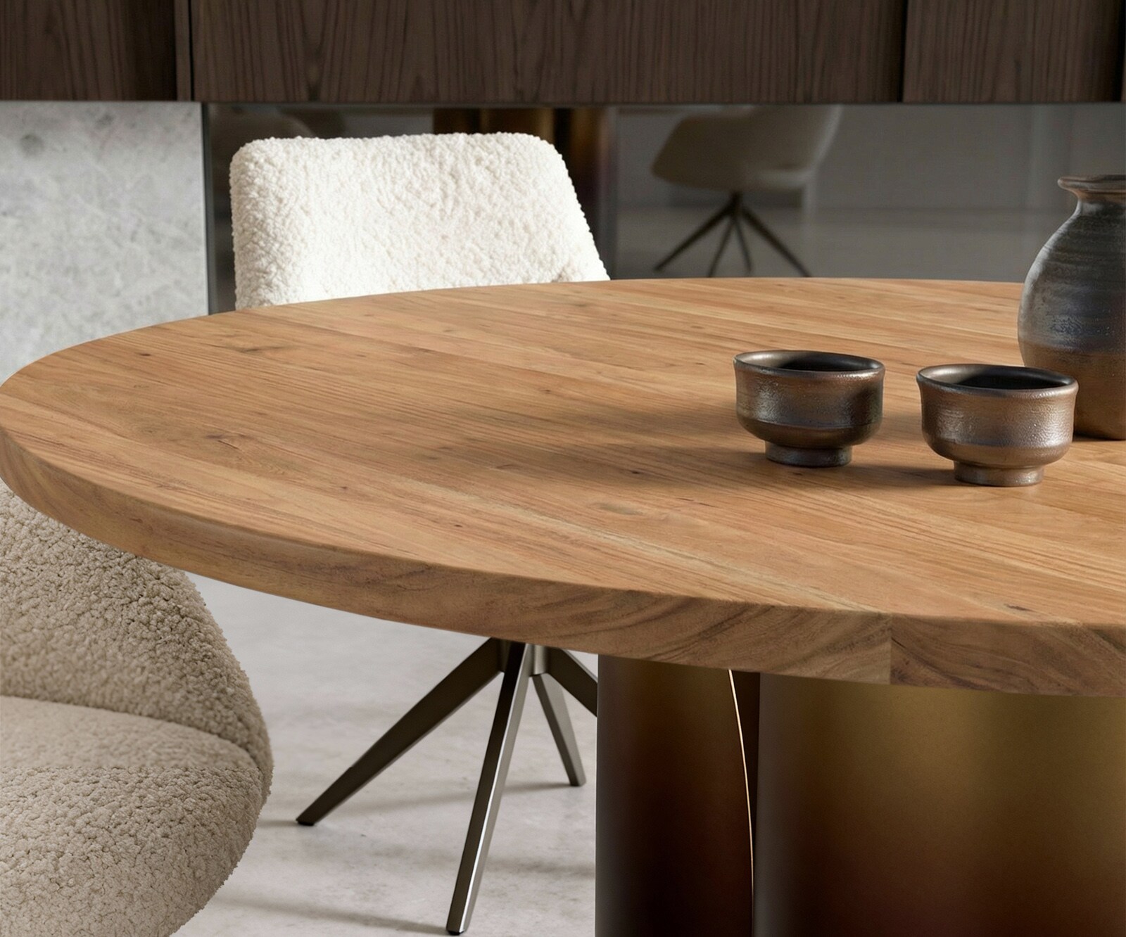 Table-à-manger Adenza ronde 140 x 140 cm Acacia naturel Métal Finition fusion dorée 4