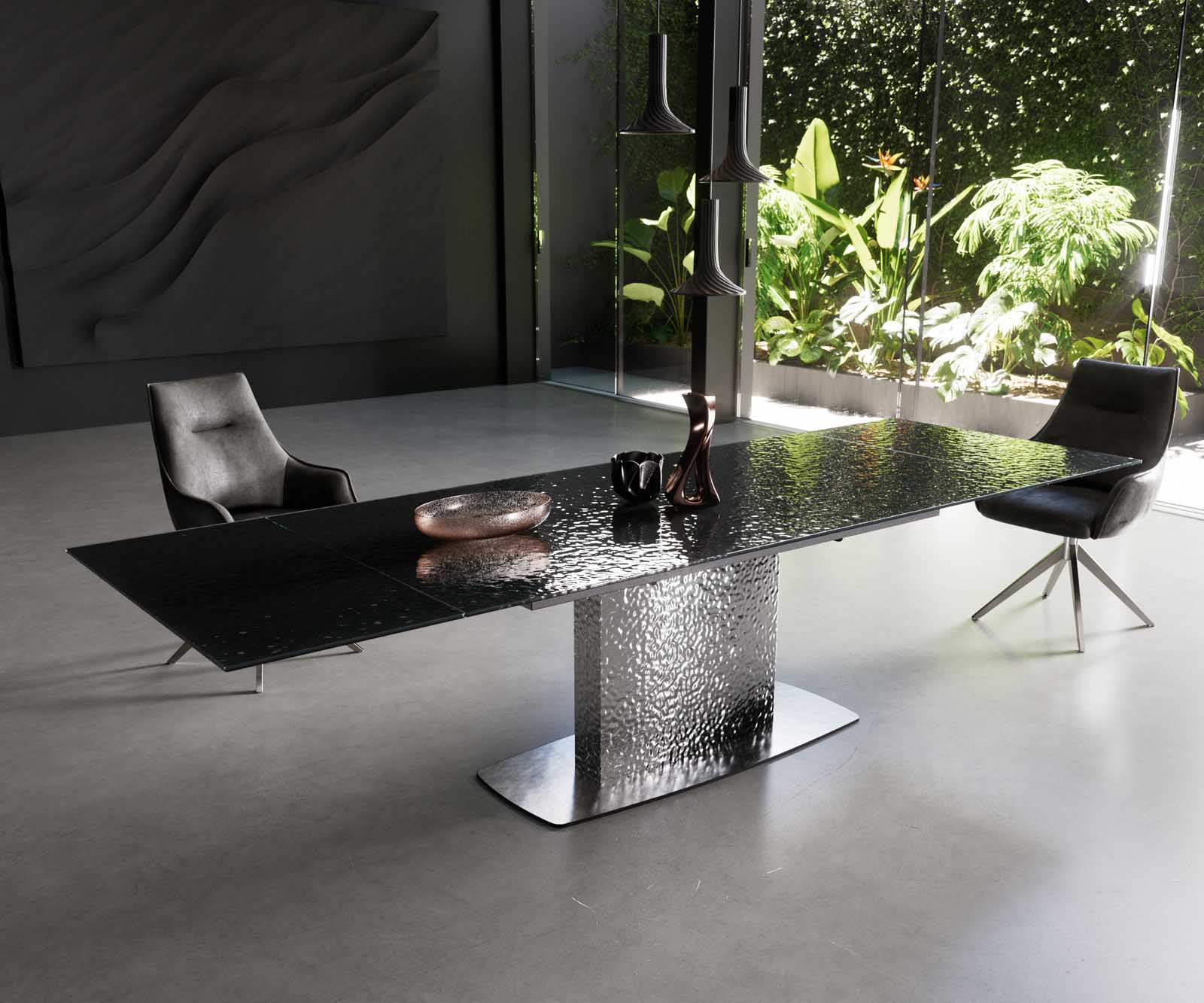Table à manger Edge 200-300x100 verre fondu noir fumé relief en 3D Wave acier inoxydable extensible 1