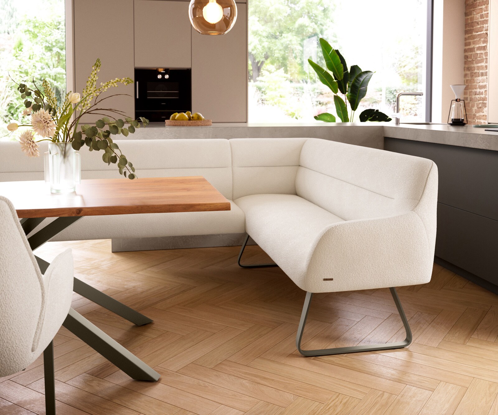 Banc-de-salle-à-manger Taya-Flex 285x190 cm bouclé crème-blanc châssis à patins plat titane ressort ensaché liens 5