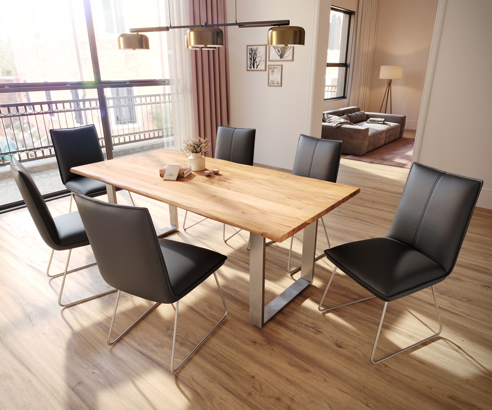 Esszimmerstuhl Lelio-Flex Echt-Leder Schwarz Kufengestell Edelstahl Taschenfederkern 4