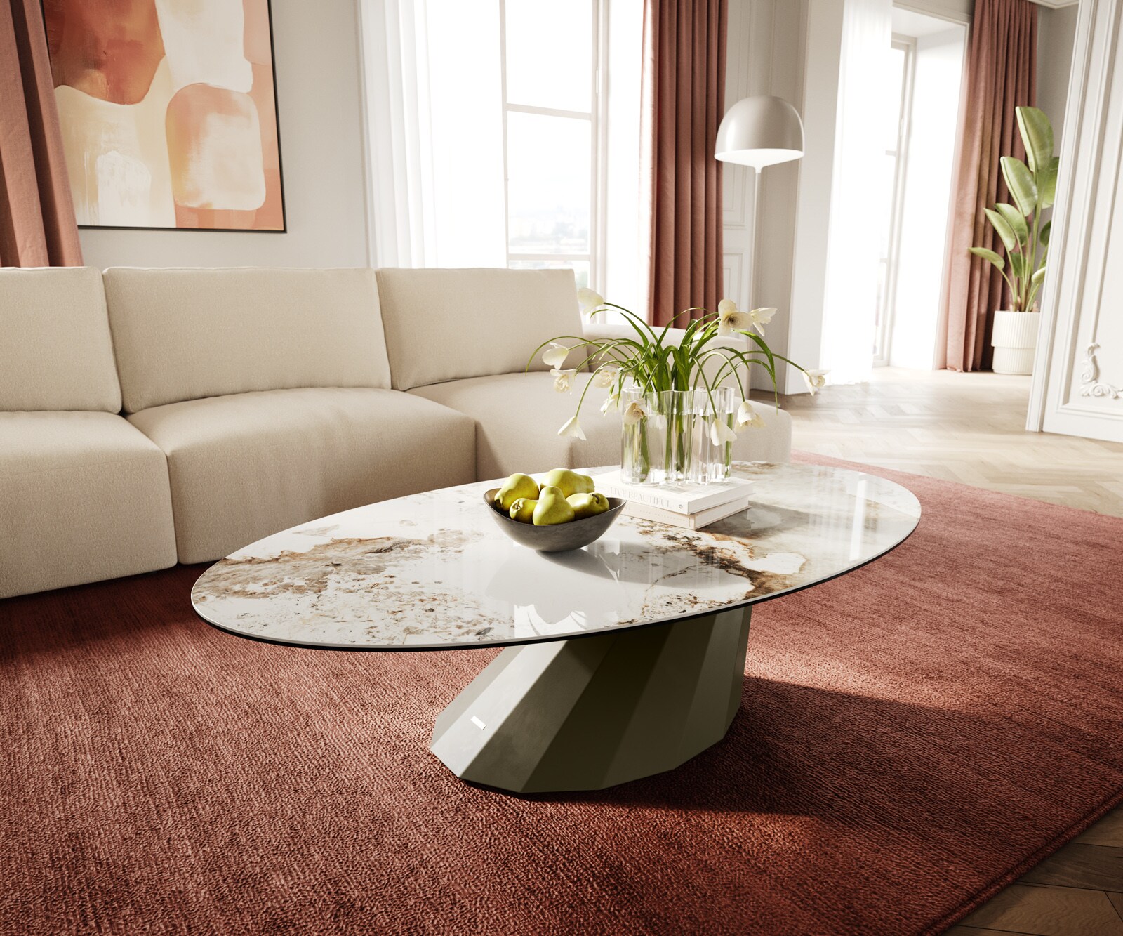 Table basse Edge Oval 140x80 cm céramique Minas Melange Parabi Metall finition effet titane 1