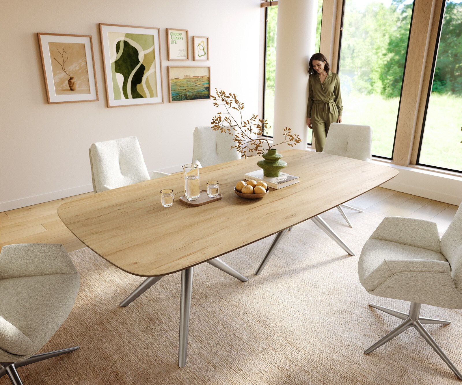 Table à manger Edge Boot 240x120 cm Céramique Laminam® Sabbia Eichefarbig Estelar rond Acier inoxydable