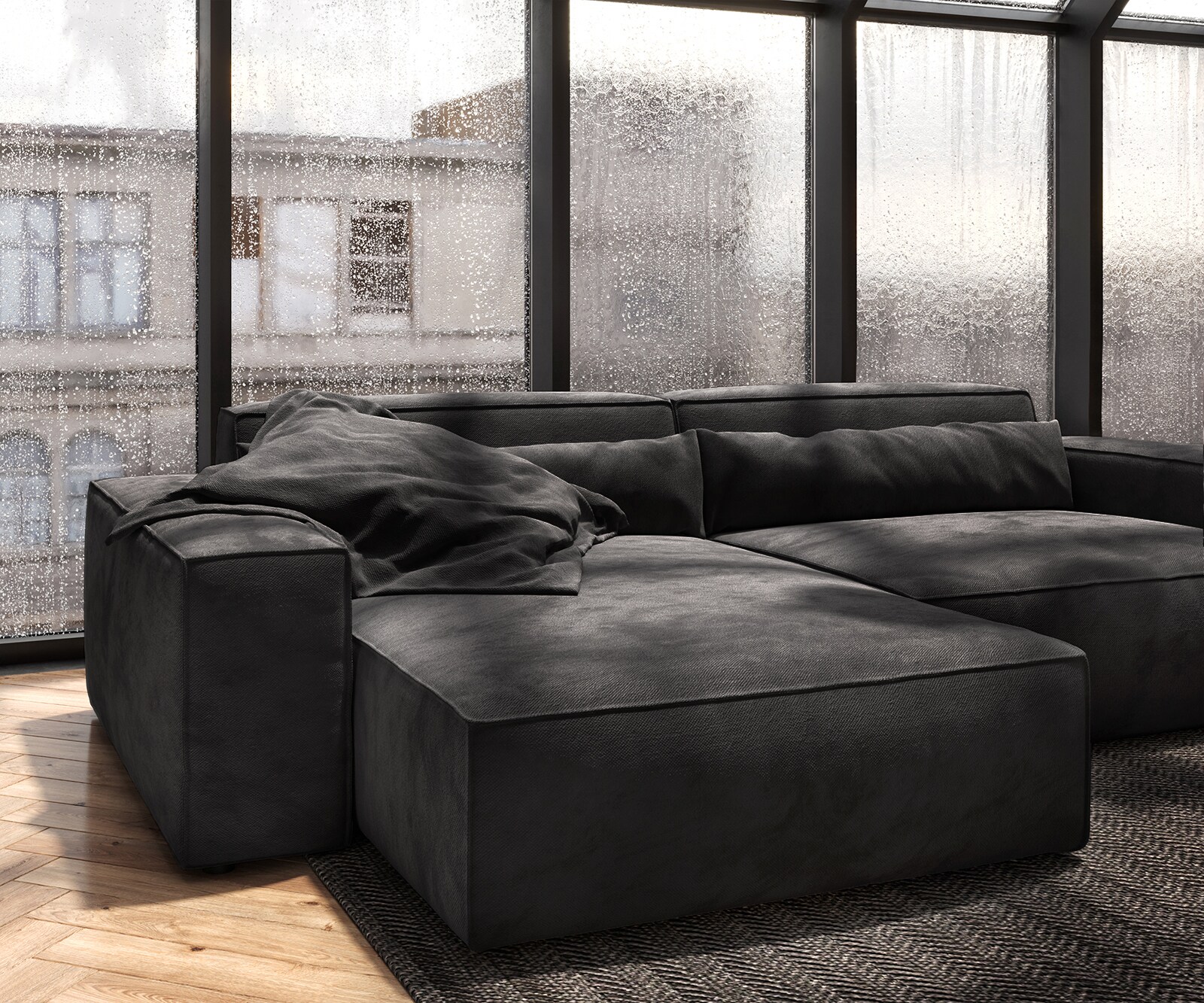 Ecksofa Sirpio XL 270x170 cm Mikrofaser Schwarz Recamiere variabel mit Hocker 6