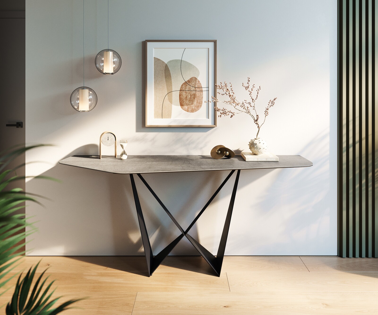 Konsolentisch Edge Polygonal 180x50 cm Keramik Beton Grau Spios Metall Schwarz 4