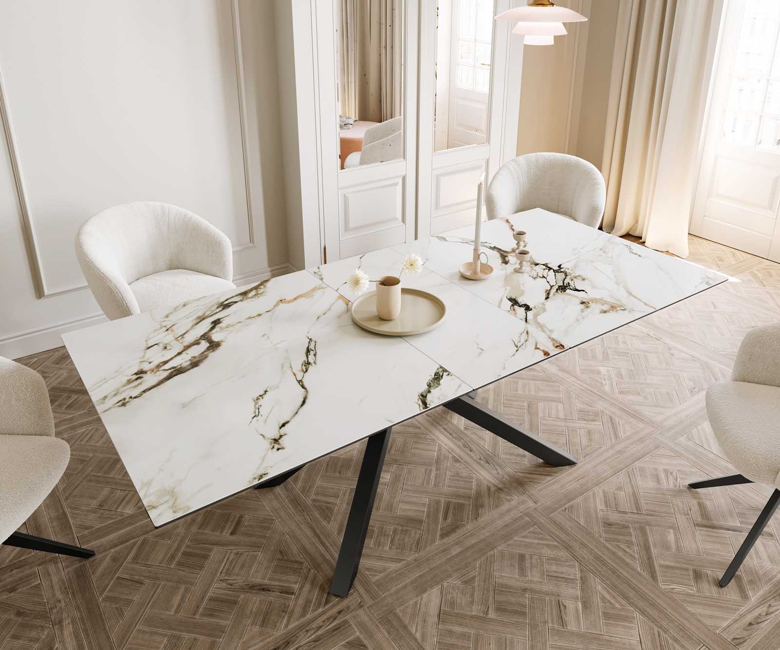 Esstisch Edge 180-220x100 Keramik Calacatta Luxe Weiß-Gold-Grau Kreuzgestell Rechteck Schwarz ausziehbar 5 Esstisch Edge 180-220x100 Keramik Calacatta Luxe Weiß-Gold-Grau Kreuzgestell Rechteck Schwarz ausziehbar 5